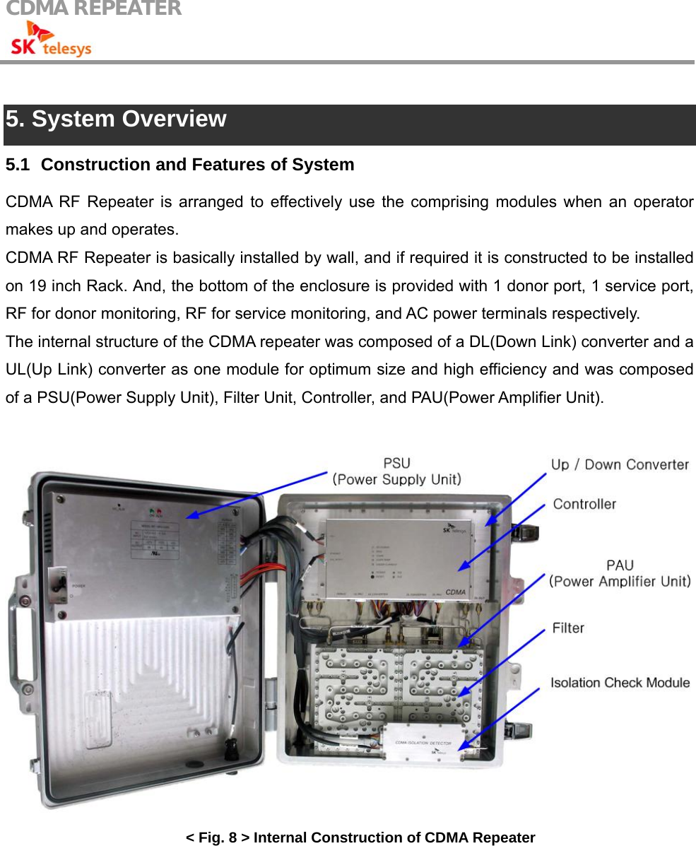 CDMA REPEATER                                             5. System Overview 5.1   Construction and Features of System CDMA RF Repeater is arranged to effectively use the comprising modules when an operator makes up and operates. CDMA RF Repeater is basically installed by wall, and if required it is constructed to be installed on 19 inch Rack. And, the bottom of the enclosure is provided with 1 donor port, 1 service port, RF for donor monitoring, RF for service monitoring, and AC power terminals respectively. The internal structure of the CDMA repeater was composed of a DL(Down Link) converter and a UL(Up Link) converter as one module for optimum size and high efficiency and was composed of a PSU(Power Supply Unit), Filter Unit, Controller, and PAU(Power Amplifier Unit).    &lt; Fig. 8 &gt; Internal Construction of CDMA Repeater  