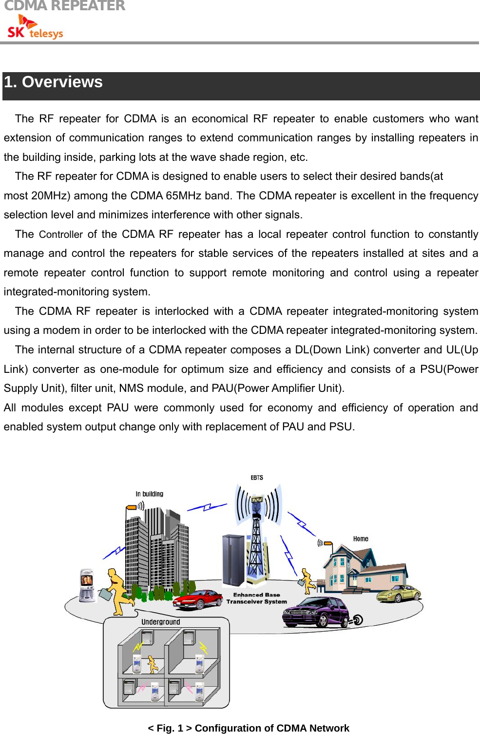 CDMA REPEATER                                             1. Overviews  The RF repeater for CDMA is an economical RF repeater to enable customers who want extension of communication ranges to extend communication ranges by installing repeaters in the building inside, parking lots at the wave shade region, etc. The RF repeater for CDMA is designed to enable users to select their desired bands(at most 20MHz) among the CDMA 65MHz band. The CDMA repeater is excellent in the frequency selection level and minimizes interference with other signals. The  Controller of the CDMA RF repeater has a local repeater control function to constantly manage and control the repeaters for stable services of the repeaters installed at sites and a remote repeater control function to support remote monitoring and control using a repeater integrated-monitoring system. The CDMA RF repeater is interlocked with a CDMA repeater integrated-monitoring system using a modem in order to be interlocked with the CDMA repeater integrated-monitoring system. The internal structure of a CDMA repeater composes a DL(Down Link) converter and UL(Up Link) converter as one-module for optimum size and efficiency and consists of a PSU(Power Supply Unit), filter unit, NMS module, and PAU(Power Amplifier Unit). All modules except PAU were commonly used for economy and efficiency of operation and enabled system output change only with replacement of PAU and PSU.    &lt; Fig. 1 &gt; Configuration of CDMA Network 