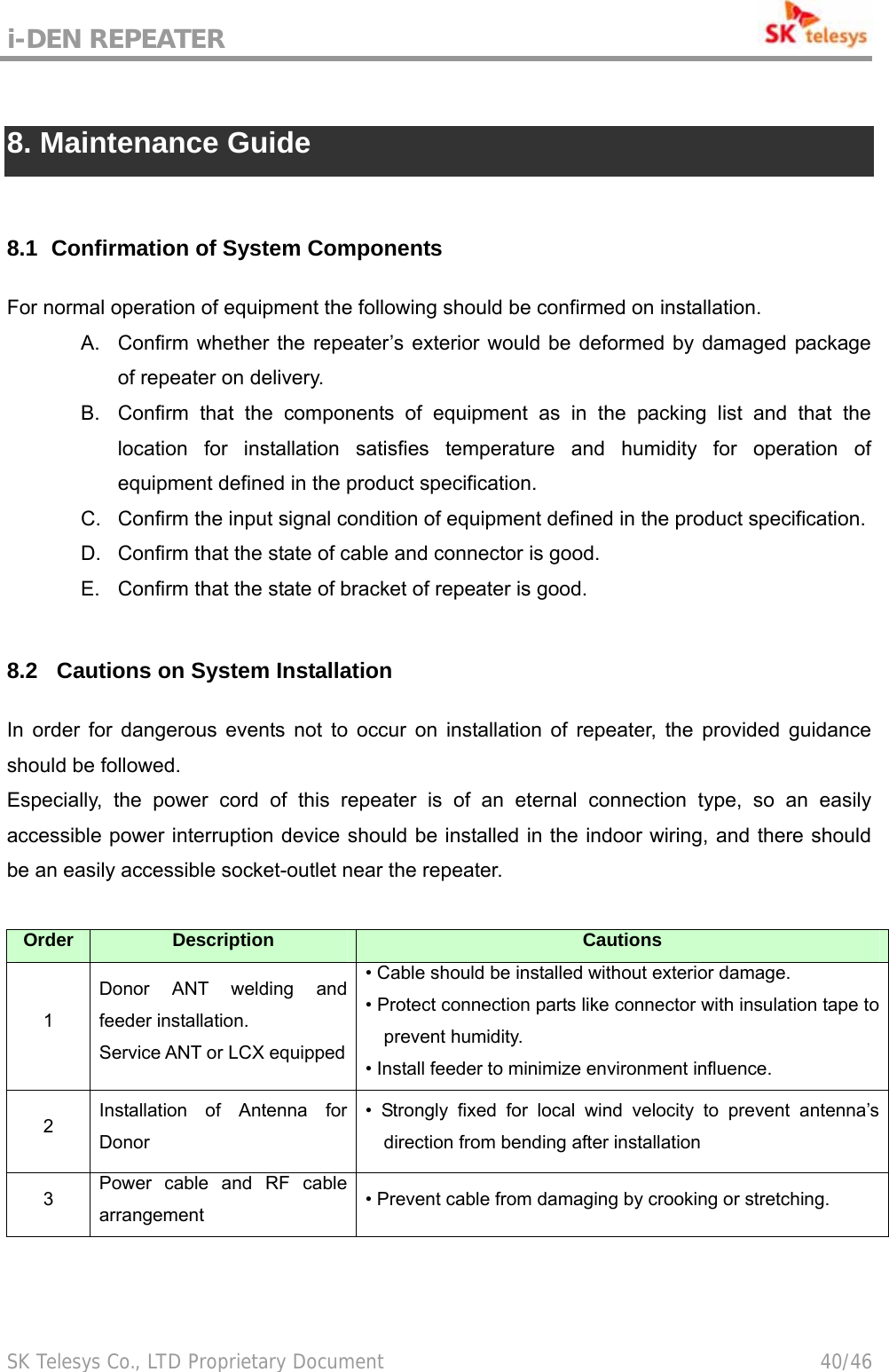 i-DEN REPEATER                                             SK Telesys Co., LTD Proprietary Document                                        40/46  8. Maintenance Guide  8.1   Confirmation of System Components   For normal operation of equipment the following should be confirmed on installation. A.  Confirm whether the repeater’s exterior would be deformed by damaged package of repeater on delivery. B.  Confirm that the components of equipment as in the packing list and that the location for installation satisfies temperature and humidity for operation of equipment defined in the product specification. C.  Confirm the input signal condition of equipment defined in the product specification. D.  Confirm that the state of cable and connector is good. E.  Confirm that the state of bracket of repeater is good.  8.2  Cautions on System Installation In order for dangerous events not to occur on installation of repeater, the provided guidance should be followed. Especially, the power cord of this repeater is of an eternal connection type, so an easily accessible power interruption device should be installed in the indoor wiring, and there should be an easily accessible socket-outlet near the repeater.  Order  Description  Cautions 1 Donor ANT welding and feeder installation.   Service ANT or LCX equipped• Cable should be installed without exterior damage. • Protect connection parts like connector with insulation tape to prevent humidity. • Install feeder to minimize environment influence. 2  Installation of Antenna for Donor • Strongly fixed for local wind velocity to prevent antenna’s direction from bending after installation 3  Power cable and RF cable arrangement  • Prevent cable from damaging by crooking or stretching.  