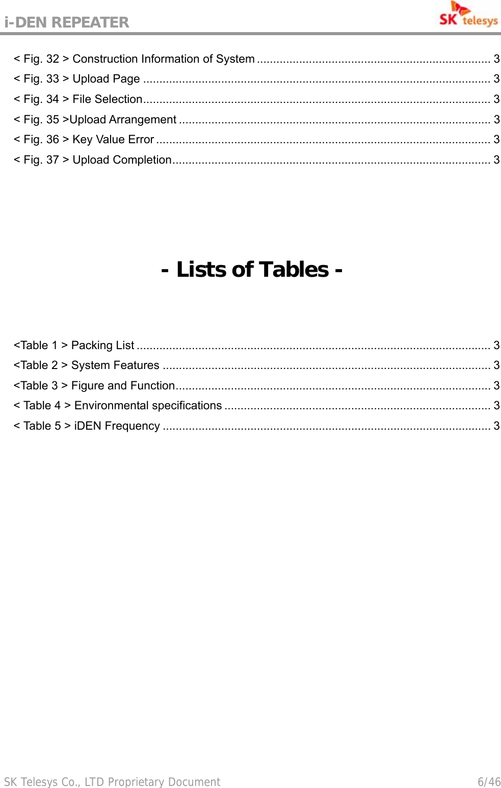 i-DEN REPEATER                                             SK Telesys Co., LTD Proprietary Document                                        6/46 &lt; Fig. 32 &gt; Construction Information of System ........................................................................ 3 &lt; Fig. 33 &gt; Upload Page ........................................................................................................... 3 &lt; Fig. 34 &gt; File Selection........................................................................................................... 3 &lt; Fig. 35 &gt;Upload Arrangement ................................................................................................ 3 &lt; Fig. 36 &gt; Key Value Error ....................................................................................................... 3 &lt; Fig. 37 &gt; Upload Completion.................................................................................................. 3      - Lists of Tables -  &lt;Table 1 &gt; Packing List ............................................................................................................. 3 &lt;Table 2 &gt; System Features ..................................................................................................... 3 &lt;Table 3 &gt; Figure and Function................................................................................................. 3 &lt; Table 4 &gt; Environmental specifications .................................................................................. 3 &lt; Table 5 &gt; iDEN Frequency ..................................................................................................... 3  