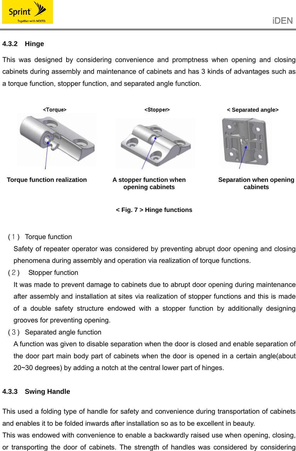                                                   iDEN   4.3.2 Hinge  This was designed by considering convenience and promptness when opening and closing cabinets during assembly and maintenance of cabinets and has 3 kinds of advantages such as a torque function, stopper function, and separated angle function.     &lt; Fig. 7 &gt; Hinge functions  (１) Torque function Safety of repeater operator was considered by preventing abrupt door opening and closing phenomena during assembly and operation via realization of torque functions. (２)  Stopper function It was made to prevent damage to cabinets due to abrupt door opening during maintenance after assembly and installation at sites via realization of stopper functions and this is made of a double safety structure endowed with a stopper function by additionally designing grooves for preventing opening. (３)  Separated angle function A function was given to disable separation when the door is closed and enable separation of the door part main body part of cabinets when the door is opened in a certain angle(about 20~30 degrees) by adding a notch at the central lower part of hinges.  4.3.3 Swing Handle  This used a folding type of handle for safety and convenience during transportation of cabinets and enables it to be folded inwards after installation so as to be excellent in beauty. This was endowed with convenience to enable a backwardly raised use when opening, closing, or transporting the door of cabinets. The strength of handles was considered by considering &lt; Separated angle&gt;Torque function realization  A stopper function when opening cabinets  Separation when opening cabinets 