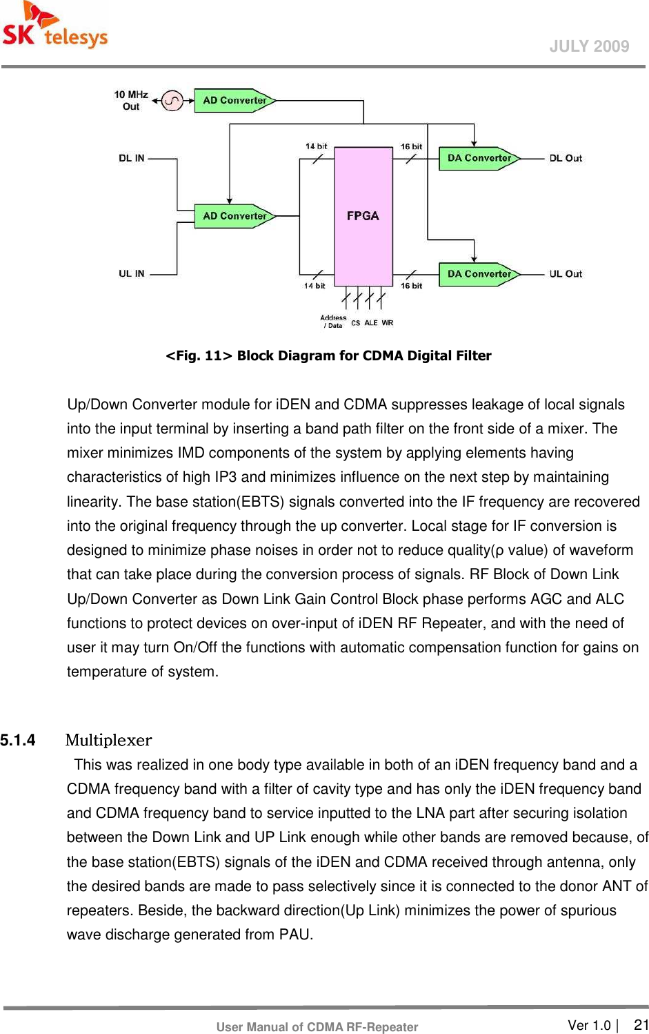       Ver 1.0 |    21 JULY 2009 User Manual of CDMA RF-Repeater  &lt;Fig. 11&gt; Block Diagram for CDMA Digital Filter  Up/Down Converter module for iDEN and CDMA suppresses leakage of local signals into the input terminal by inserting a band path filter on the front side of a mixer. The mixer minimizes IMD components of the system by applying elements having characteristics of high IP3 and minimizes influence on the next step by maintaining linearity. The base station(EBTS) signals converted into the IF frequency are recovered into the original frequency through the up converter. Local stage for IF conversion is designed to minimize phase noises in order not to reduce quality(ρ value) of waveform that can take place during the conversion process of signals. RF Block of Down Link Up/Down Converter as Down Link Gain Control Block phase performs AGC and ALC functions to protect devices on over-input of iDEN RF Repeater, and with the need of user it may turn On/Off the functions with automatic compensation function for gains on temperature of system.  5.1.4  MultiplexerMultiplexerMultiplexerMultiplexer    This was realized in one body type available in both of an iDEN frequency band and a CDMA frequency band with a filter of cavity type and has only the iDEN frequency band and CDMA frequency band to service inputted to the LNA part after securing isolation between the Down Link and UP Link enough while other bands are removed because, of the base station(EBTS) signals of the iDEN and CDMA received through antenna, only the desired bands are made to pass selectively since it is connected to the donor ANT of repeaters. Beside, the backward direction(Up Link) minimizes the power of spurious wave discharge generated from PAU.  