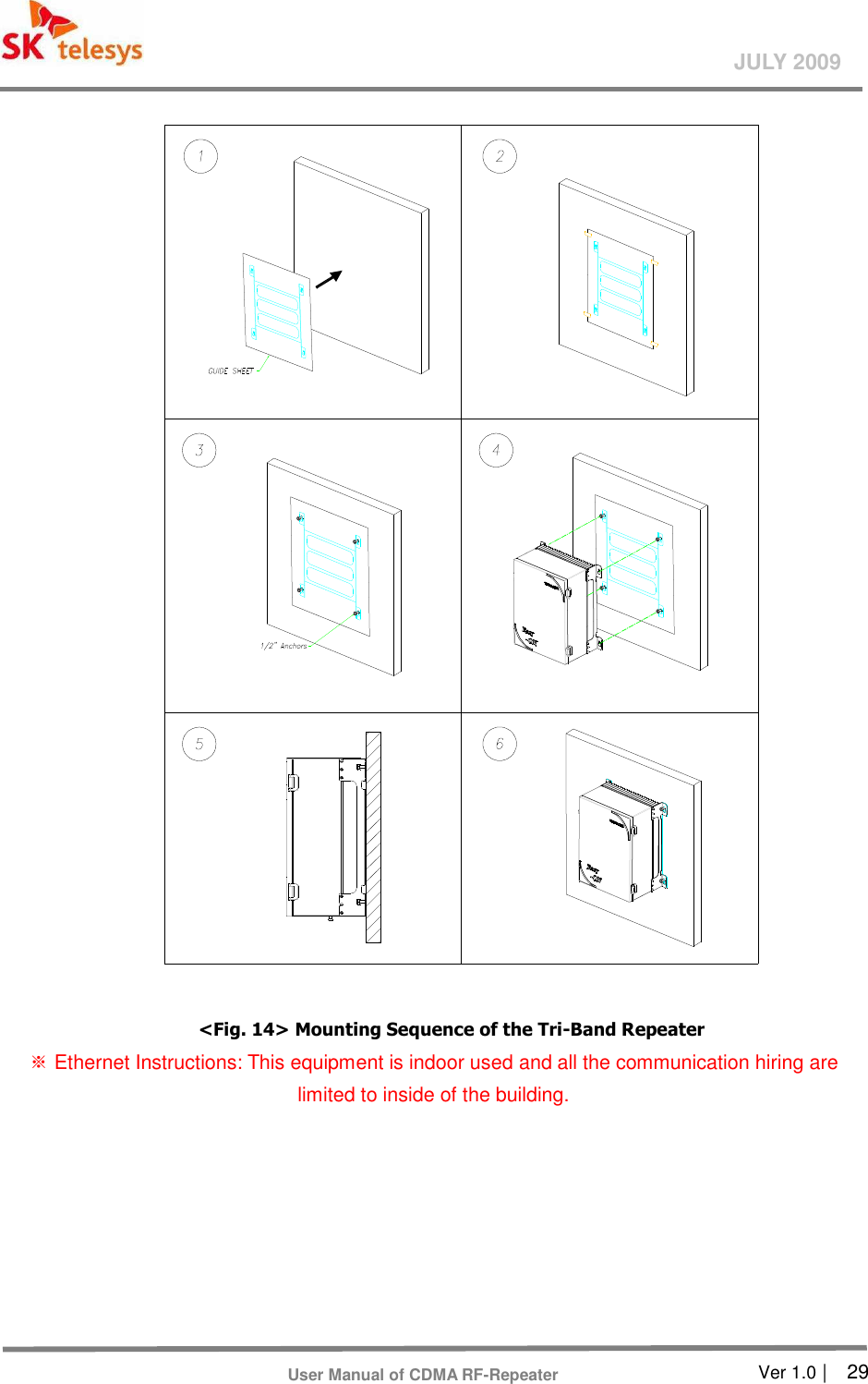       Ver 1.0 |    29 JULY 2009 User Manual of CDMA RF-Repeater   &lt;Fig. 14&gt; Mounting Sequence of the Tri-Band Repeater  Ethernet Instructions: This equipment is indoor used and※ all the communication hiring are limited to inside of the building. 