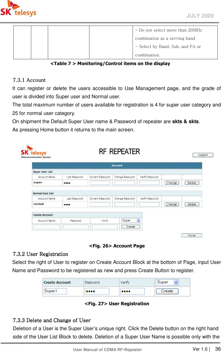       Ver 1.0 |    36 JULY 2009 User Manual of CDMA RF-Repeater - Do not select more than 20MHz       combination as a serving band - Select by Band, Sub, and FA or combination. &lt;Table 7 &gt; Monitoring/Control items on the display  7.3.1 Account 7.3.1 Account 7.3.1 Account 7.3.1 Account      It can register  or delete the users accessible to Use Management page,  and the  grade of user is divided into Super user and Normal user.   The total maximum number of users available for registration is 4 for super user category and 25 for normal user category.   On shipment the Default Super User name &amp; Password of repeater are skts &amp; skts.   As pressing Home button it returns to the main screen.     &lt;Fig. 26&gt; Account Page    7.3.2 User Regis7.3.2 User Regis7.3.2 User Regis7.3.2 User Registration tration tration tration      Select the right of User to register on Create Account Block at the bottom of Page, input User Name and Password to be registered as new and press Create Button to register.    &lt;Fig. 27&gt; User Registration  7.3.3 Delete and Change of User 7.3.3 Delete and Change of User 7.3.3 Delete and Change of User 7.3.3 Delete and Change of User      Deletion of a User is the Super User’s unique right. Click the Delete button on the right hand side of the User List Block to delete. Deletion of a Super User Name is possible only with the 