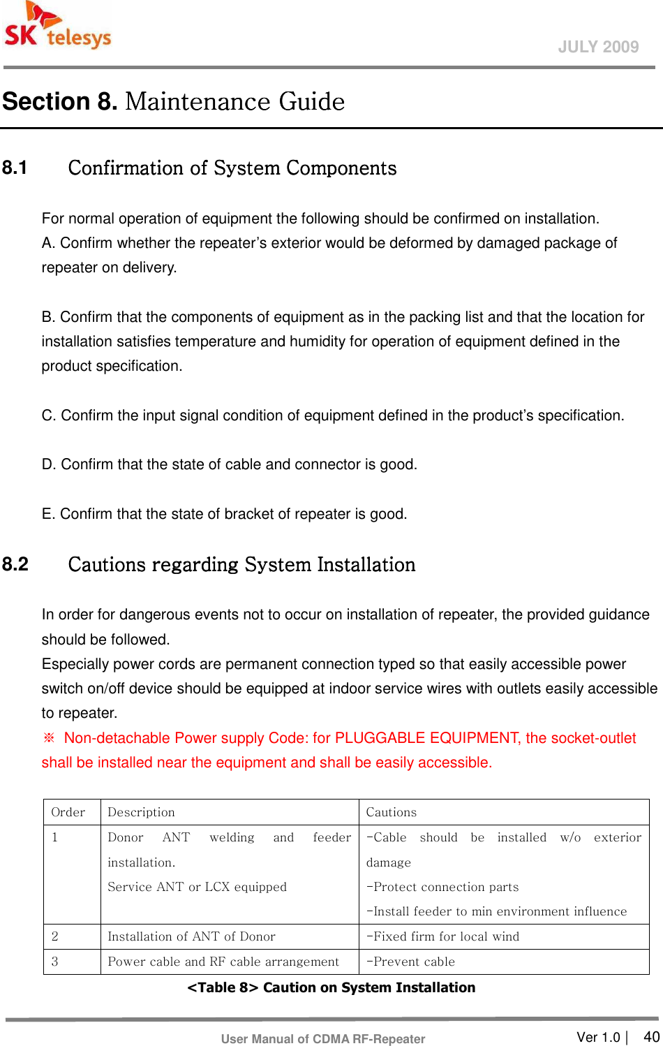       Ver 1.0 |    40 JULY 2009 User Manual of CDMA RF-Repeater Section 8. Maintenance GuideMaintenance GuideMaintenance GuideMaintenance Guide    8.1  Confirmation of System Components Confirmation of System Components Confirmation of System Components Confirmation of System Components      For normal operation of equipment the following should be confirmed on installation.   A. Confirm whether the repeater’s exterior would be deformed by damaged package of repeater on delivery.    B. Confirm that the components of equipment as in the packing list and that the location for installation satisfies temperature and humidity for operation of equipment defined in the product specification.    C. Confirm the input signal condition of equipment defined in the product’s specification.    D. Confirm that the state of cable and connector is good.    E. Confirm that the state of bracket of repeater is good.   8.2  Cautions regardingCautions regardingCautions regardingCautions regarding    System Installation System Installation System Installation System Installation      In order for dangerous events not to occur on installation of repeater, the provided guidance should be followed.   Especially power cords are permanent connection typed so that easily accessible power switch on/off device should be equipped at indoor service wires with outlets easily accessible to repeater.   ※  Non-detachable Power supply Code: for PLUGGABLE EQUIPMENT, the socket-outlet shall be installed near the equipment and shall be easily accessible.  Order  Description  Cautions 1  Donor  ANT  welding  and  feeder installation. Service ANT or LCX equipped -Cable  should  be  installed  w/o  exterior damage -Protect connection parts -Install feeder to min environment influence 2  Installation of ANT of Donor  -Fixed firm for local wind   3  Power cable and RF cable arrangement  -Prevent cable   &lt;Table 8&gt; Caution on System Installation     