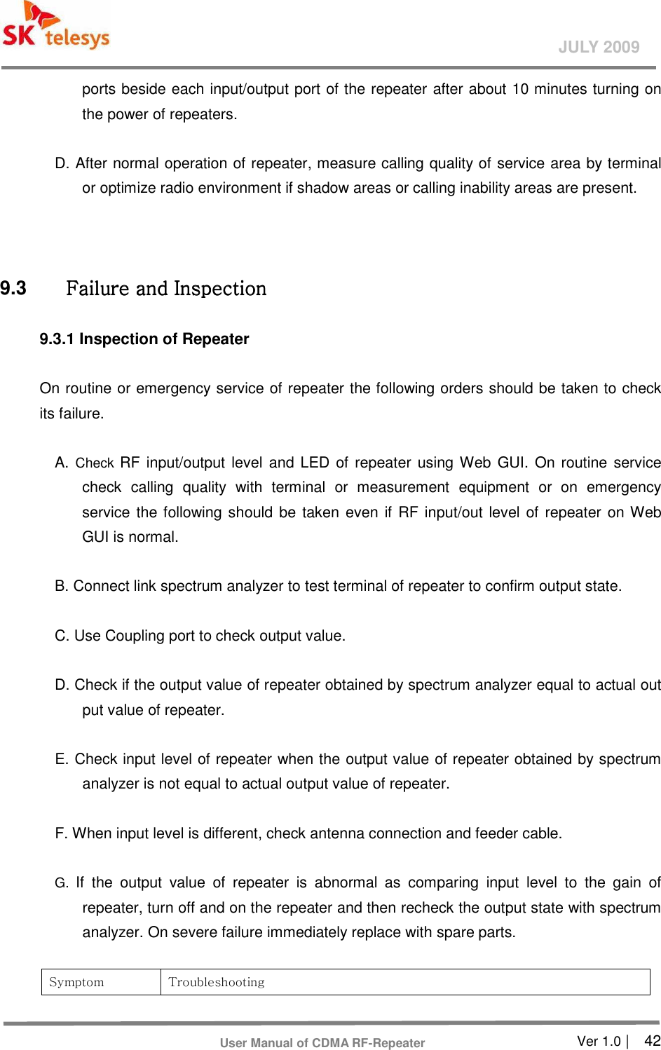       Ver 1.0 |    42 JULY 2009 User Manual of CDMA RF-Repeater ports beside each input/output port of the repeater after about 10 minutes turning on the power of repeaters.    D. After normal operation of repeater, measure calling quality of service area by terminal or optimize radio environment if shadow areas or calling inability areas are present.     9.3  Failure and Inspection Failure and Inspection Failure and Inspection Failure and Inspection      9.3.1 Inspection of Repeater    On routine or emergency service of repeater the following orders should be taken to check its failure.    A. Check RF input/output level and LED of  repeater using Web GUI. On routine service check  calling  quality  with  terminal  or  measurement  equipment  or  on  emergency service the following should be taken even  if RF input/out  level of  repeater on Web GUI is normal.    B. Connect link spectrum analyzer to test terminal of repeater to confirm output state.    C. Use Coupling port to check output value.    D. Check if the output value of repeater obtained by spectrum analyzer equal to actual out put value of repeater.    E. Check input level of repeater when the output value of repeater obtained by spectrum analyzer is not equal to actual output value of repeater.    F. When input level is different, check antenna connection and feeder cable.    G. If  the  output  value  of  repeater  is  abnormal  as  comparing  input  level  to  the  gain  of repeater, turn off and on the repeater and then recheck the output state with spectrum analyzer. On severe failure immediately replace with spare parts.    Symptom  Troubleshooting 