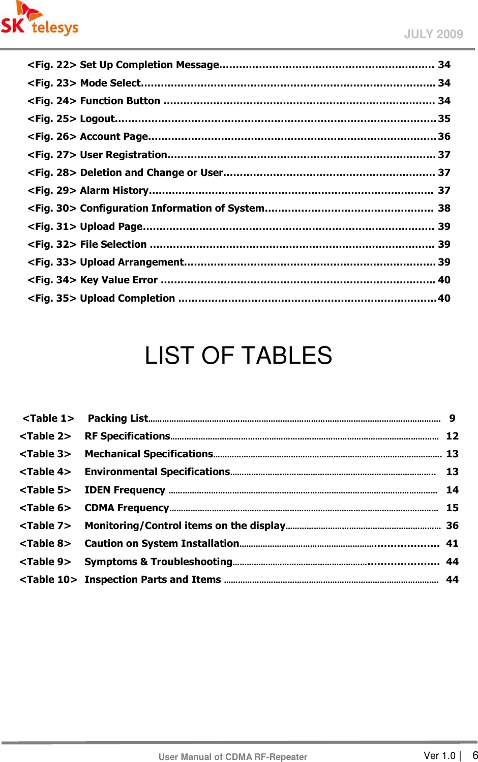       Ver 1.0 |    6 JULY 2009 User Manual of CDMA RF-Repeater &lt;Fig. 22&gt; Set Up Completion Message……………………………………………………….. 34 &lt;Fig. 23&gt; Mode Select…………………………………………………………………………….. 34 &lt;Fig. 24&gt; Function Button ………………………………………………………………………. 34 &lt;Fig. 25&gt; Logout……………………………………………………………………………………. 35 &lt;Fig. 26&gt; Account Page…………………………………………………………………………… 36 &lt;Fig. 27&gt; User Registration……………………………………………………………………… 37 &lt;Fig. 28&gt; Deletion and Change or User………………………………………………………. 37 &lt;Fig. 29&gt; Alarm History…………………………………………………………………………..  37 &lt;Fig. 30&gt; Configuration Information of System……………………………………………  38 &lt;Fig. 31&gt; Upload Page……………………………………………………………………………. 39 &lt;Fig. 32&gt; File Selection …………………………………………………………….……………. 39 &lt;Fig. 33&gt; Upload Arrangement…………………………………………………………………. 39 &lt;Fig. 34&gt; Key Value Error ……………………………………………………………………….. 40 &lt;Fig. 35&gt; Upload Completion …………………………………………………………………… 40  LIST OF TABLES  &lt;Table 1&gt;    Packing List…………………………………………………………………………………………………………….  9 &lt;Table 2&gt;    RF Specifications……………………………………………………………………………………………………  12 &lt;Table 3&gt;    Mechanical Specifications…………………………………………………………………………………….  13 &lt;Table 4&gt;    Environmental Specifications………………….………………………………………………………..  13 &lt;Table 5&gt;    IDEN Frequency ……………………………………………………………………………………………………  14 &lt;Table 6&gt;    CDMA Frequency……………………………………………………………………………………………………  15 &lt;Table 7&gt;    Monitoring/Control items on the display…………………………………………………………  36 &lt;Table 8&gt;    Caution on System Installation…………………………………………………………………..  41 &lt;Table 9&gt;    Symptoms &amp; Troubleshooting…………………………………………………………………….  44 &lt;Table 10&gt;   Inspection Parts and Items ……………………………………………………………………………….  44  