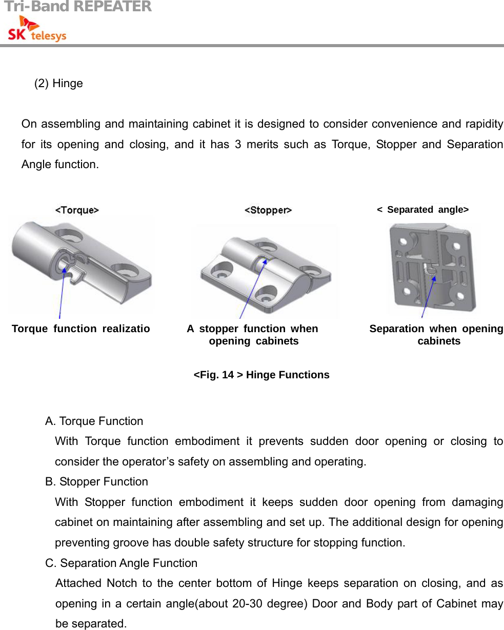 Tri-Band REPEATER                                          (2) Hinge  On assembling and maintaining cabinet it is designed to consider convenience and rapidity for its opening and closing, and it has 3 merits such as Torque, Stopper and Separation Angle function.     &lt;Fig. 14 &gt; Hinge Functions  A. Torque Function With Torque function embodiment it prevents sudden door opening or closing to consider the operator’s safety on assembling and operating. B. Stopper Function With Stopper function embodiment it keeps sudden door opening from damaging cabinet on maintaining after assembling and set up. The additional design for opening preventing groove has double safety structure for stopping function. C. Separation Angle Function   Attached Notch to the center bottom of Hinge keeps separation on closing, and as opening in a certain angle(about 20-30 degree) Door and Body part of Cabinet may be separated.   &lt; Separated angle&gt; Torque function realizatio A stopper function when opening cabinets  Separation when opening cabinets 