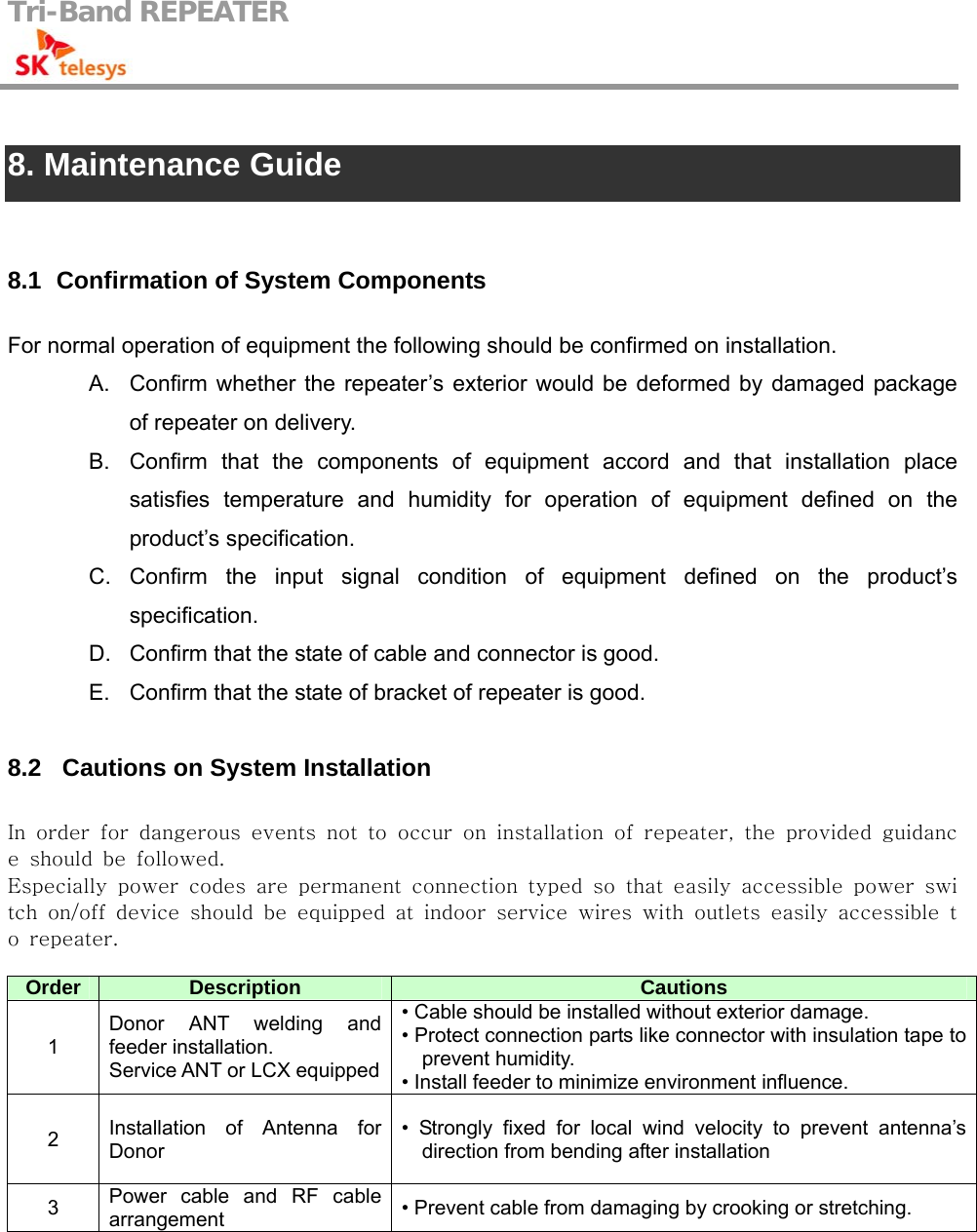 Tri-Band REPEATER                                          8. Maintenance Guide  8.1   Confirmation of System Components For normal operation of equipment the following should be confirmed on installation. A.  Confirm whether the repeater’s exterior would be deformed by damaged package of repeater on delivery. B.  Confirm that the components of equipment accord and that installation place satisfies temperature and humidity for operation of equipment defined on the product’s specification. C. Confirm the input signal condition of equipment defined on the product’s specification. D.  Confirm that the state of cable and connector is good. E.  Confirm that the state of bracket of repeater is good.  8.2  Cautions on System Installation In order for dangerous events not to occur on installation of repeater,  the  provided  guidance  should  be  followed. Especially  power  codes  are  permanent  connection  typed  so  that  easily  accessible  power  switch  on/off  device  should  be  equipped  at  indoor  service  wires  with  outlets  easily  accessible  to  repeater.  Order  Description  Cautions 1 Donor ANT welding and feeder installation.   Service ANT or LCX equipped • Cable should be installed without exterior damage. • Protect connection parts like connector with insulation tape to prevent humidity. • Install feeder to minimize environment influence. 2  Installation of Antenna for Donor • Strongly fixed for local wind velocity to prevent antenna’s direction from bending after installation 3  Power cable and RF cable arrangement  • Prevent cable from damaging by crooking or stretching.  