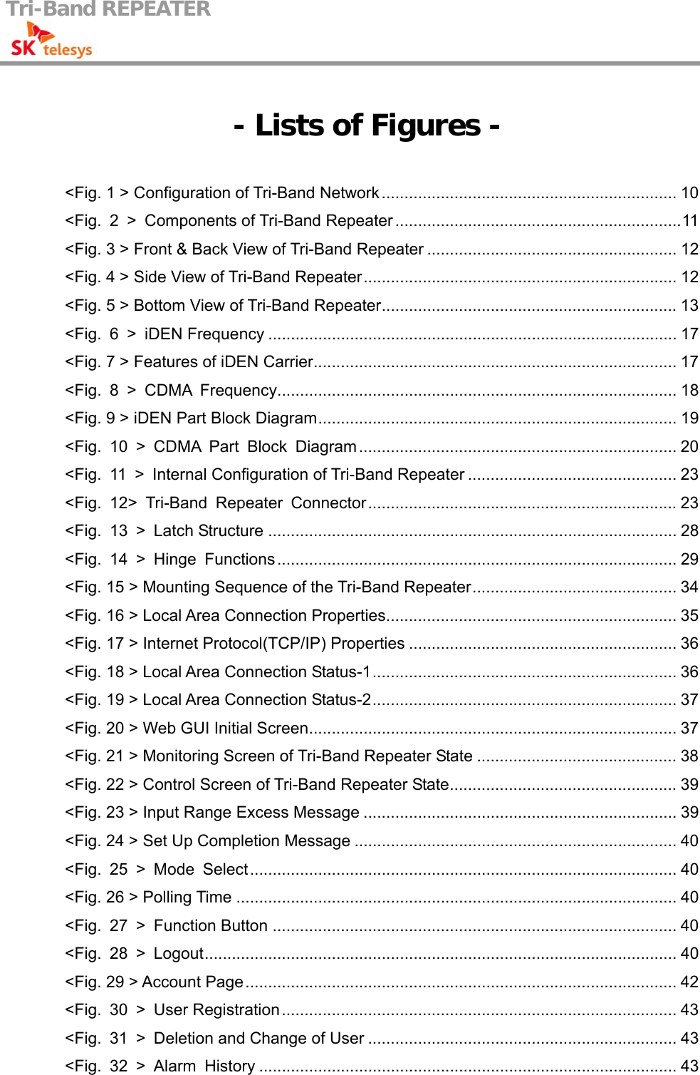 Tri-Band REPEATER                                          - Lists of Figures -  &lt;Fig. 1 &gt; Configuration of Tri-Band Network ................................................................. 10 &lt;Fig. 2 &gt; Components of Tri-Band Repeater ...............................................................11 &lt;Fig. 3 &gt; Front &amp; Back View of Tri-Band Repeater ....................................................... 12 &lt;Fig. 4 &gt; Side View of Tri-Band Repeater..................................................................... 12 &lt;Fig. 5 &gt; Bottom View of Tri-Band Repeater................................................................. 13 &lt;Fig. 6 &gt; iDEN Frequency .......................................................................................... 17 &lt;Fig. 7 &gt; Features of iDEN Carrier................................................................................ 17 &lt;Fig. 8 &gt; CDMA Frequency........................................................................................ 18 &lt;Fig. 9 &gt; iDEN Part Block Diagram............................................................................... 19 &lt;Fig. 10 &gt; CDMA Part Block Diagram ...................................................................... 20 &lt;Fig.  11  &gt;  Internal Configuration of Tri-Band Repeater .............................................. 23 &lt;Fig. 12&gt; Tri-Band Repeater Connector.................................................................... 23 &lt;Fig. 13 &gt; Latch Structure .......................................................................................... 28 &lt;Fig. 14 &gt; Hinge Functions........................................................................................ 29 &lt;Fig. 15 &gt; Mounting Sequence of the Tri-Band Repeater............................................. 34 &lt;Fig. 16 &gt; Local Area Connection Properties................................................................ 35 &lt;Fig. 17 &gt; Internet Protocol(TCP/IP) Properties ........................................................... 36 &lt;Fig. 18 &gt; Local Area Connection Status-1................................................................... 36 &lt;Fig. 19 &gt; Local Area Connection Status-2................................................................... 37 &lt;Fig. 20 &gt; Web GUI Initial Screen................................................................................. 37 &lt;Fig. 21 &gt; Monitoring Screen of Tri-Band Repeater State ............................................ 38 &lt;Fig. 22 &gt; Control Screen of Tri-Band Repeater State.................................................. 39 &lt;Fig. 23 &gt; Input Range Excess Message ..................................................................... 39 &lt;Fig. 24 &gt; Set Up Completion Message ....................................................................... 40 &lt;Fig. 25 &gt; Mode Select.............................................................................................. 40 &lt;Fig. 26 &gt; Polling Time ................................................................................................. 40 &lt;Fig. 27 &gt; Function Button ......................................................................................... 40 &lt;Fig. 28 &gt; Logout........................................................................................................ 40 &lt;Fig. 29 &gt; Account Page ............................................................................................... 42 &lt;Fig. 30 &gt; User Registration....................................................................................... 43 &lt;Fig.  31  &gt;  Deletion and Change of User .................................................................... 43 &lt;Fig. 32 &gt; Alarm History ............................................................................................ 43 