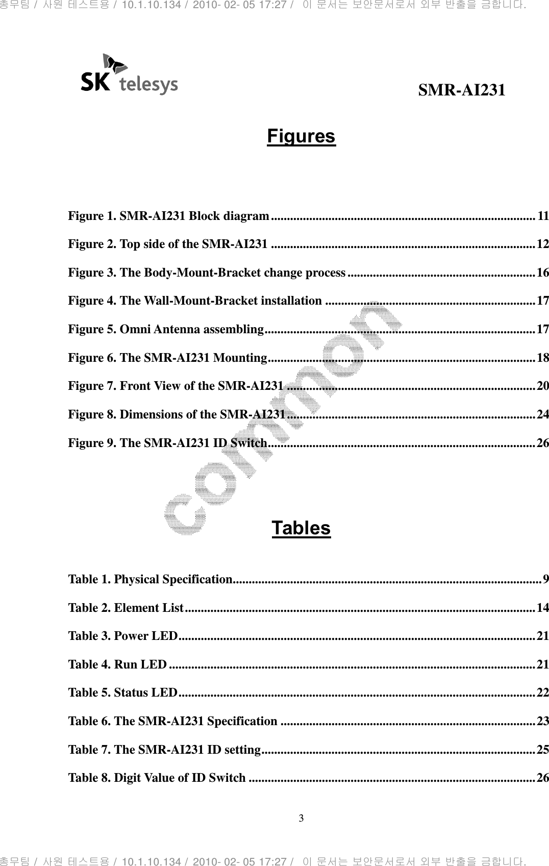                                              SMR-AI231 3   Figures   Figure 1. SMR-AI231 Block diagram ................................................................................... 11 Figure 2. Top side of the SMR-AI231 ................................................................................... 12 Figure 3. The Body-Mount-Bracket change process ........................................................... 16 Figure 4. The Wall-Mount-Bracket installation .................................................................. 17 Figure 5. Omni Antenna assembling ..................................................................................... 17 Figure 6. The SMR-AI231 Mounting .................................................................................... 18 Figure 7. Front View of the SMR-AI231 .............................................................................. 20 Figure 8. Dimensions of the SMR-AI231 .............................................................................. 24 Figure 9. The SMR-AI231 ID Switch .................................................................................... 26   Tables  Table 1. Physical Specification................................................................................................. 9 Table 2. Element List .............................................................................................................. 14 Table 3. Power LED ................................................................................................................ 21 Table 4. Run LED ................................................................................................................... 21 Table 5. Status LED ................................................................................................................ 22 Table 6. The SMR-AI231 Specification ................................................................................ 23 Table 7. The SMR-AI231 ID setting ...................................................................................... 25 Table 8. Digit Value of ID Switch .......................................................................................... 26 총무팀 /  사원 테스트용 /  10.1.10.134 /  2010- 02- 05 17:27 /   이 문서는 보안문서로서 외부 반출을 금합니다.총무팀 /  사원 테스트용 /  10.1.10.134 /  2010- 02- 05 17:27 /   이 문서는 보안문서로서 외부 반출을 금합니다.