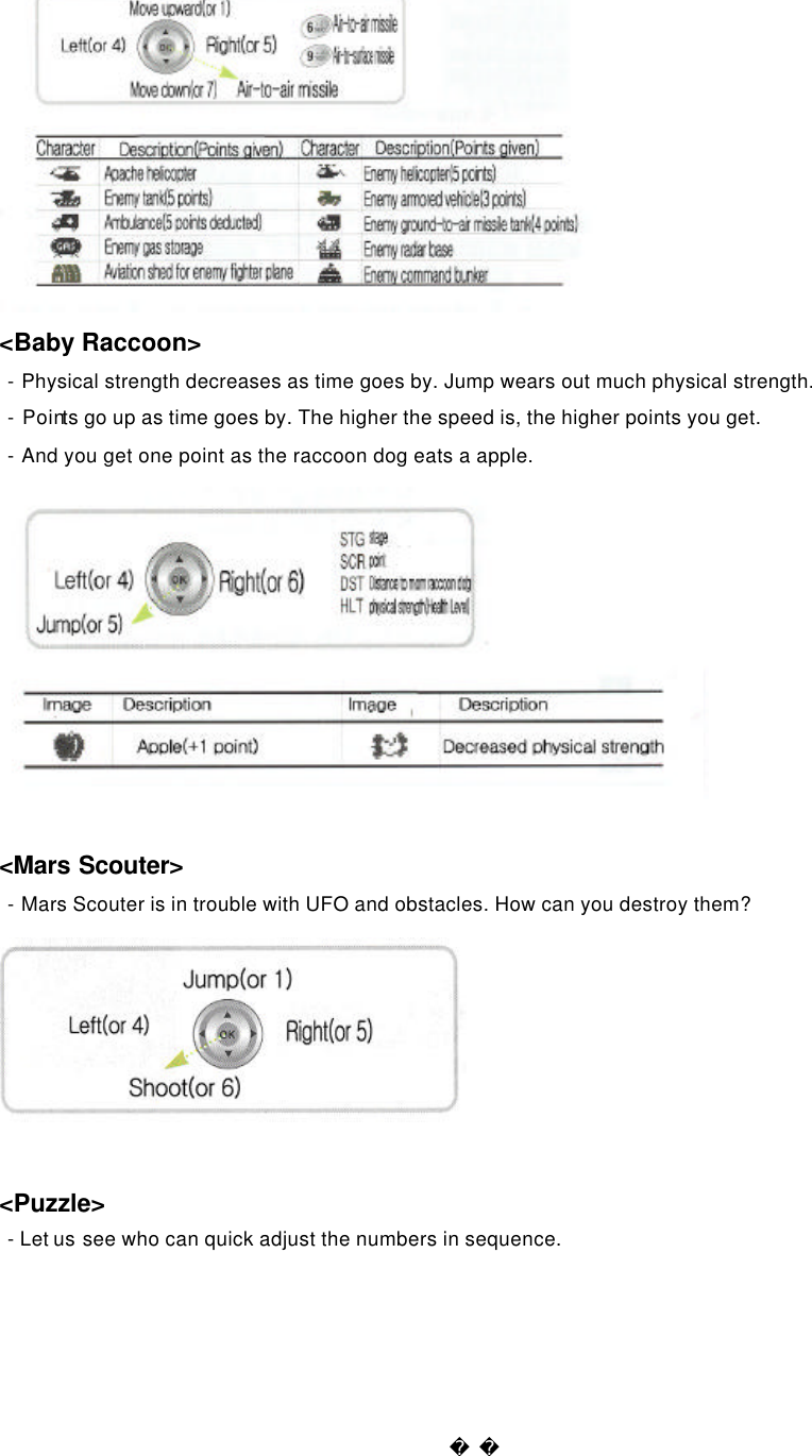   &lt;Baby Raccoon&gt;  - Physical strength decreases as time goes by. Jump wears out much physical strength.  - Points go up as time goes by. The higher the speed is, the higher points you get.  - And you get one point as the raccoon dog eats a apple.   &lt;Mars Scouter&gt;  - Mars Scouter is in trouble with UFO and obstacles. How can you destroy them?   &lt;Puzzle&gt;    - Let us see who can quick adjust the numbers in sequence. 