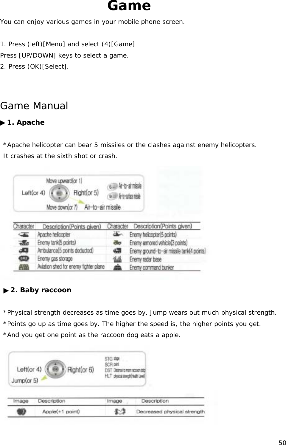 Game You can enjoy various games in your mobile phone screen.  1. Press (left)[Menu] and select (4)[Game] Press [UP/DOWN] keys to select a game. 2. Press (OK)[Select].  Game Manual ▶1. Apache   *Apache helicopter can bear 5 missiles or the clashes against enemy helicopters.   It crashes at the sixth shot or crash.   ▶2. Baby raccoon   *Physical strength decreases as time goes by. Jump wears out much physical strength.  *Points go up as time goes by. The higher the speed is, the higher points you get.  *And you get one point as the raccoon dog eats a apple.   50