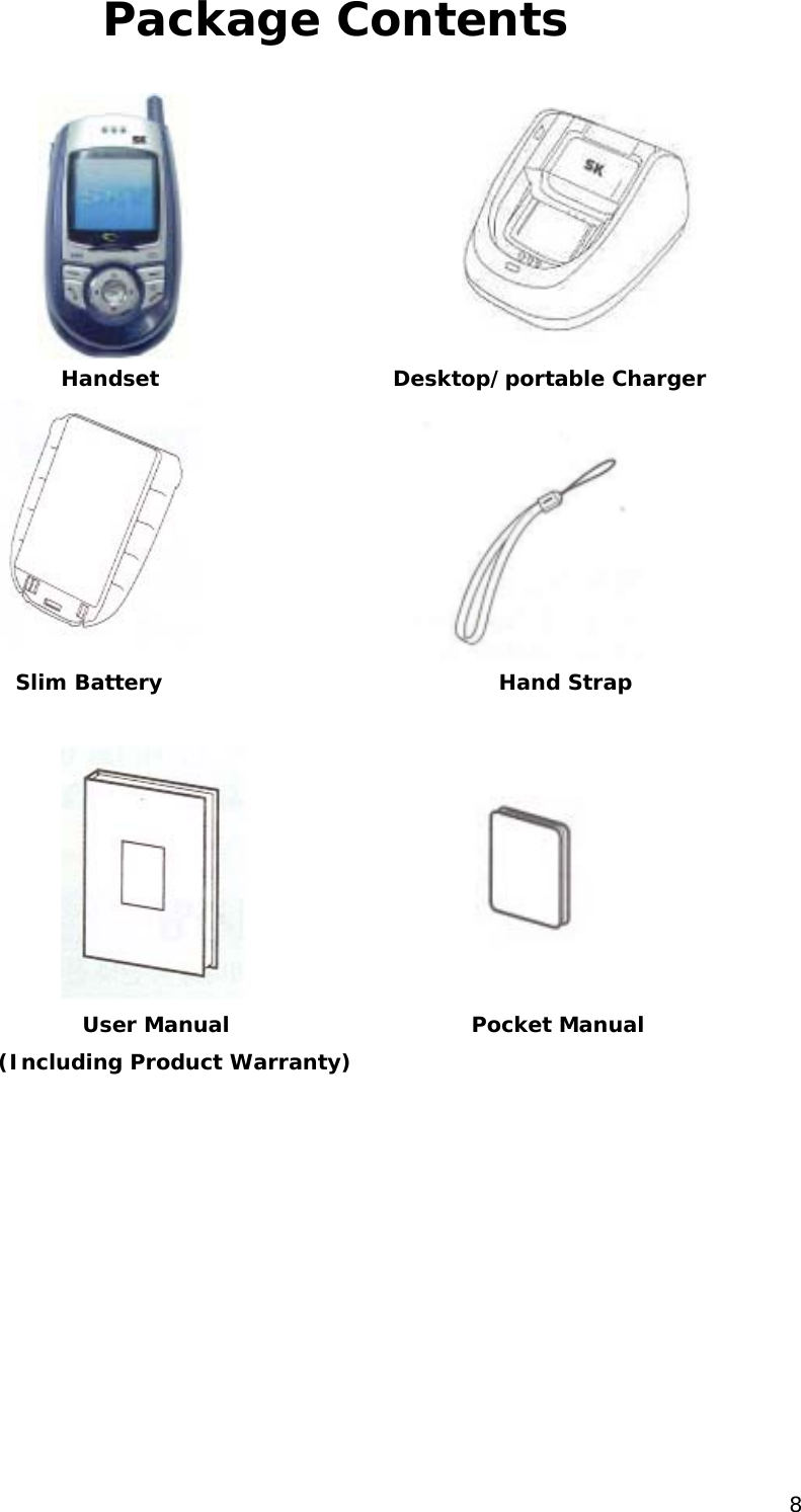Package Contents         Handset                      Desktop/portable Charger                      Slim Battery                                Hand Strap                                                             User Manual                       Pocket Manual (Including Product Warranty)           8