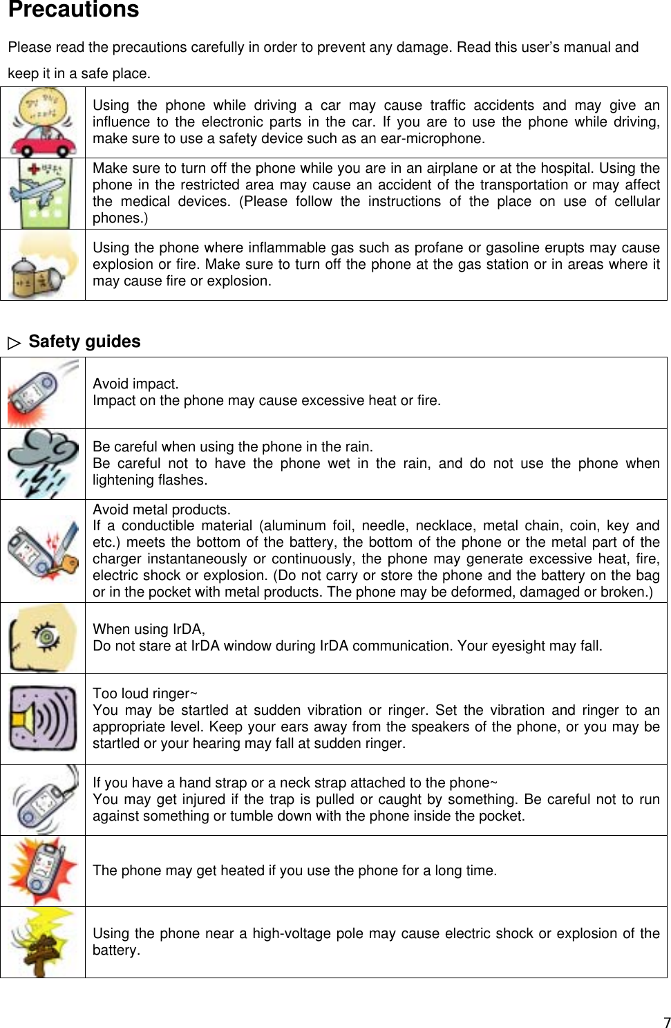 Precautions  Please read the precautions carefully in order to prevent any damage. Read this user’s manual and  keep it in a safe place.  Using the phone while driving a car may cause traffic accidents and may give an influence to the electronic parts in the car. If you are to use the phone while driving, make sure to use a safety device such as an ear-microphone.  Make sure to turn off the phone while you are in an airplane or at the hospital. Using the phone in the restricted area may cause an accident of the transportation or may affect the medical devices. (Please follow the instructions of the place on use of cellular phones.)    Using the phone where inflammable gas such as profane or gasoline erupts may cause explosion or fire. Make sure to turn off the phone at the gas station or in areas where it may cause fire or explosion.  ▷ Safety guides  Avoid impact. Impact on the phone may cause excessive heat or fire.  Be careful when using the phone in the rain.  Be careful not to have the phone wet in the rain, and do not use the phone when lightening flashes.  Avoid metal products. If a conductible material (aluminum foil, needle, necklace, metal chain, coin, key and etc.) meets the bottom of the battery, the bottom of the phone or the metal part of the charger instantaneously or continuously, the phone may generate excessive heat, fire, electric shock or explosion. (Do not carry or store the phone and the battery on the bag or in the pocket with metal products. The phone may be deformed, damaged or broken.)  When using IrDA, Do not stare at IrDA window during IrDA communication. Your eyesight may fall.  Too loud ringer~ You may be startled at sudden vibration or ringer. Set the vibration and ringer to an appropriate level. Keep your ears away from the speakers of the phone, or you may be startled or your hearing may fall at sudden ringer.  If you have a hand strap or a neck strap attached to the phone~ You may get injured if the trap is pulled or caught by something. Be careful not to run against something or tumble down with the phone inside the pocket.   The phone may get heated if you use the phone for a long time.   Using the phone near a high-voltage pole may cause electric shock or explosion of the battery.  7