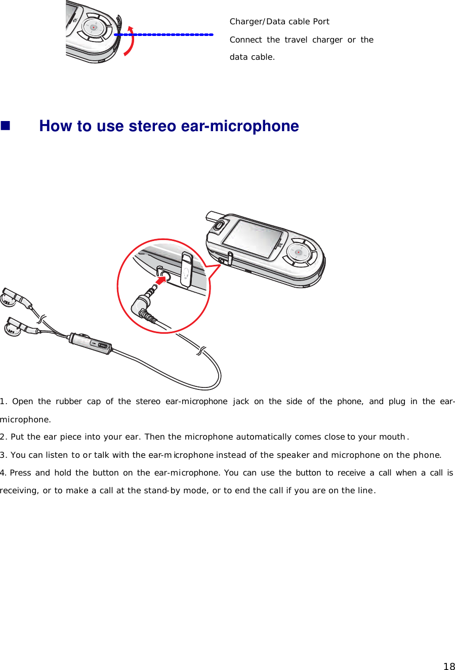   18   n How to use stereo ear-microphone    1. Open the rubber cap of the stereo ear-microphone jack on the side of the phone, and plug in the ear-microphone.  2. Put the ear piece into your ear. Then the microphone automatically comes close to your mouth. 3. You can listen to or talk with the ear-microphone instead of the speaker and microphone on the phone. 4. Press and hold the button on the ear-microphone. You can use the button to receive a call when a call is receiving, or to make a call at the stand-by mode, or to end the call if you are on the line.   Charger/Data cable Port   Connect the travel charger or the data cable.  