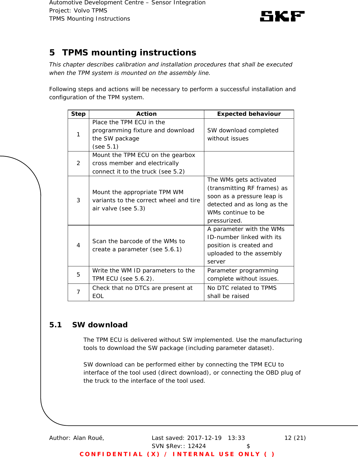 Automotive Development Centre – Sensor Integration Project: Volvo TPMS TPMS Mounting Instructions      Author: Alan Roué,      Last saved: 2017-12-19   13:33 SVN $Rev:: 12424                    $  12 (21) CONFIDENTIAL (X) / INTERNAL USE ONLY ( )  5 TPMS mounting instructions This chapter describes calibration and installation procedures that shall be executed when the TPM system is mounted on the assembly line.  Following steps and actions will be necessary to perform a successful installation and configuration of the TPM system.  Step Action  Expected behaviour 1 Place the TPM ECU in the programming fixture and download the SW package  (see 5.1) SW download completed without issues 2  Mount the TPM ECU on the gearbox cross member and electrically connect it to the truck (see 5.2)    3  Mount the appropriate TPM WM variants to the correct wheel and tire air valve (see 5.3) The WMs gets activated (transmitting RF frames) as soon as a pressure leap is detected and as long as the WMs continue to be pressurized.  4  Scan the barcode of the WMs to create a parameter (see 5.6.1) A parameter with the WMs ID-number linked with its position is created and uploaded to the assembly server  5  Write the WM ID parameters to the TPM ECU (see 5.6.2).   Parameter programming complete without issues. 7  Check that no DTCs are present at EOL  No DTC related to TPMS shall be raised  5.1 SW download The TPM ECU is delivered without SW implemented. Use the manufacturing tools to download the SW package (including parameter dataset).  SW download can be performed either by connecting the TPM ECU to interface of the tool used (direct download), or connecting the OBD plug of the truck to the interface of the tool used. 