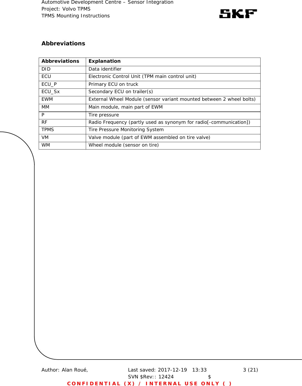 Automotive Development Centre – Sensor Integration Project: Volvo TPMS TPMS Mounting Instructions      Author: Alan Roué,      Last saved: 2017-12-19   13:33 SVN $Rev:: 12424                    $  3 (21) CONFIDENTIAL (X) / INTERNAL USE ONLY ( )  Abbreviations  Abbreviations Explanation DID Data identifier ECU  Electronic Control Unit (TPM main control unit) ECU_P  Primary ECU on truck ECU_Sx  Secondary ECU on trailer(s) EWM  External Wheel Module (sensor variant mounted between 2 wheel bolts) MM  Main module, main part of EWM P Tire pressure RF  Radio Frequency (partly used as synonym for radio[-communication]) TPMS  Tire Pressure Monitoring System VM  Valve module (part of EWM assembled on tire valve) WM   Wheel module (sensor on tire) 