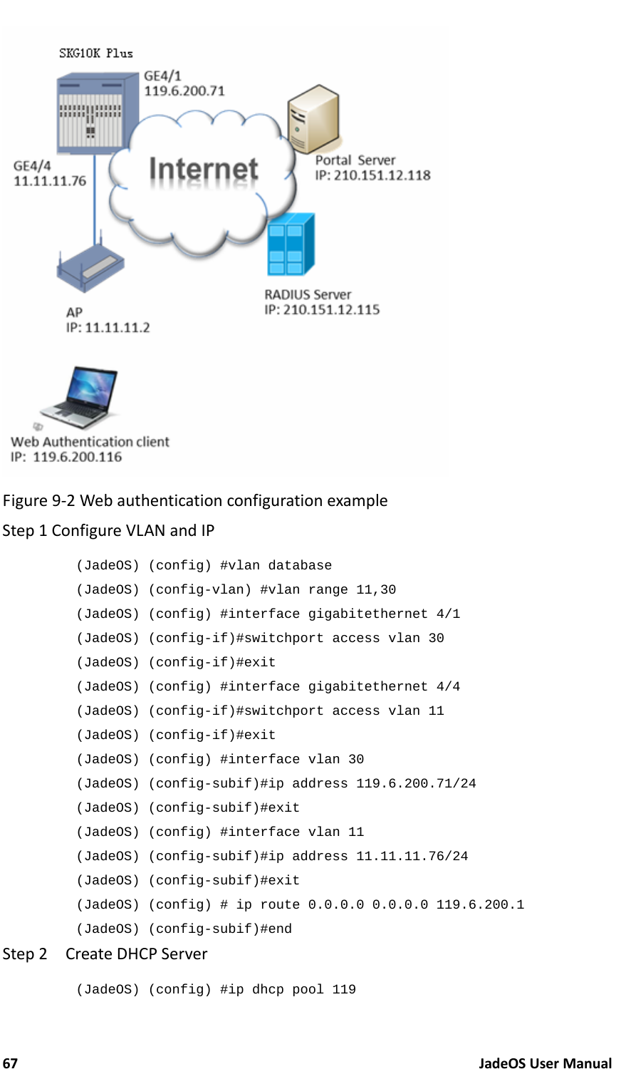 67JadeOSUserManual Figure9‐2WebauthenticationconfigurationexampleStep1ConfigureVLANandIP(JadeOS) (config) #vlan database (JadeOS) (config-vlan) #vlan range 11,30 (JadeOS) (config) #interface gigabitethernet 4/1 (JadeOS) (config-if)#switchport access vlan 30 (JadeOS) (config-if)#exit        (JadeOS) (config) #interface gigabitethernet 4/4 (JadeOS) (config-if)#switchport access vlan 11 (JadeOS) (config-if)#exit (JadeOS) (config) #interface vlan 30 (JadeOS) (config-subif)#ip address 119.6.200.71/24 (JadeOS) (config-subif)#exit (JadeOS) (config) #interface vlan 11 (JadeOS) (config-subif)#ip address 11.11.11.76/24 (JadeOS) (config-subif)#exit (JadeOS) (config) # ip route 0.0.0.0 0.0.0.0 119.6.200.1 (JadeOS) (config-subif)#end Step2CreateDHCPServer(JadeOS) (config) #ip dhcp pool 119 