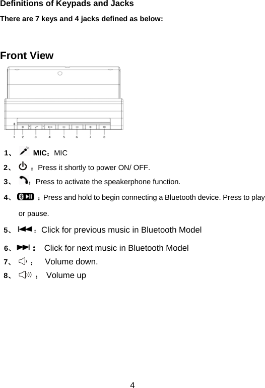  4Definitions of Keypads and Jacks There are 7 keys and 4 jacks defined as below:       Front View  1、  MIC：MIC 2、  ：Press it shortly to power ON/ OFF.     3、 ：Press to activate the speakerphone function.  4、  ：Press and hold to begin connecting a Bluetooth device. Press to play or pause. 5、：Click for previous music in Bluetooth Model  6、：Click for next music in Bluetooth Model 7、    ：  Volume down. 8、  ： Volume up          