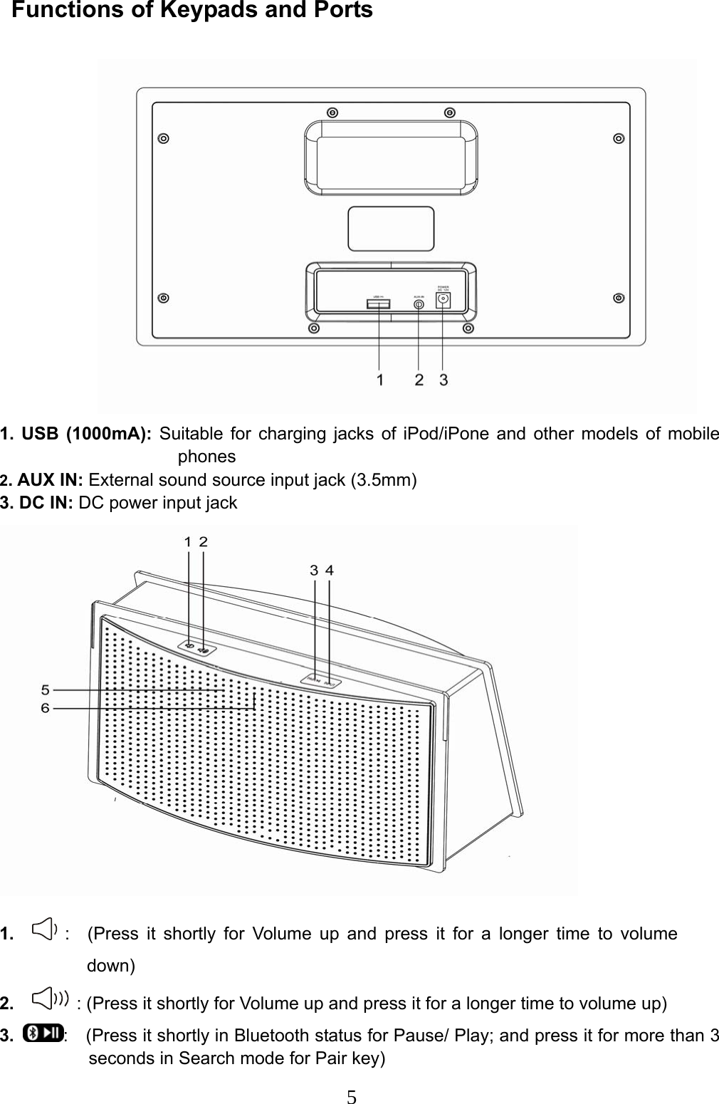  5Functions of Keypads and Ports    1. USB (1000mA): Suitable for charging jacks of iPod/iPone and other models of mobile phones 2. AUX IN: External sound source input jack (3.5mm) 3. DC IN: DC power input jack  1.    :  (Press it shortly for Volume up and press it for a longer time to volume down) 2.    : (Press it shortly for Volume up and press it for a longer time to volume up) 3. :    (Press it shortly in Bluetooth status for Pause/ Play; and press it for more than 3 seconds in Search mode for Pair key) 