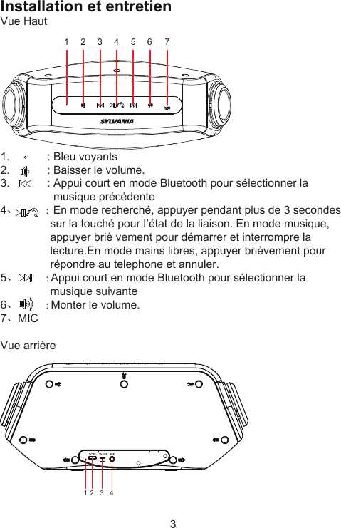 1、◎: The indicator lamp of the battery2、DC 5V ：Charge jack3、ON OFF：Power on/off4、AUX IN JACK：3.5mm audio inputLED INDICATOR LAMPS: Blue lamp on the top：When a Bluetooth Connection is being established, the Blue LED will flash. After connection, the Blue LED flashes once every three seconds.Blue lamp on the top：The blue indicator lamp will keep ON during the Aux in Mode.Red lamp on the back: The red LED stays lit while charging the 3.7 Vlithium battery. The red LED turns off once the battery is fully charged.Startup: Switch the “ON/OFF” switch at the back of the machine “ON “ to power the machine.1) During the first use, the blue LED lamp will flicker to access to     PAIR mode.2) Following initial pairing the Blue LED will flash once every second     to access SEARCH mode. Subsequent Bluetooth connection will     then be made automatically.Bluetooth Pair Mode1.Press “          ” for more than 3 seconds, the blue LED will flash.2.Activate the Bluetooth function of your Bluetooth device. So that the    device starts to search for the SP233.3.Select “SP233” when it appears in the Bluetooth search.4.In case of some kinds of cell phones, users have to key in the    identification code “0000”and press ENTER key to match the    product and mobile phone and after success, the blue LED will flash    slowly.Bluetooth Connection Memory List:When the paired equipment number exceeds the maximum capacity &amp; 4 units, the product will automatically clear the first equipment in its memory.In Bluetooth music play mode, users can:1. Shortly press“            ” or “           ”key or press for a longer time to     adjust the volume.2. Shortly press “           ” key to play/pause the music play.3Installation et entretienVue Haut1.            : Bleu voyants2.            : Baisser le volume.3.            : Appui court en mode Bluetooth pour sélectionner la                  musique précédente4、         :  En mode recherché, appuyer pendant plus de 3 secondes                 sur la touché pour I’état de la liaison. En mode musique,                 appuyer briè vement pour démarrer et interrompre la                 lecture.En mode mains libres, appuyer brièvement pour                 répondre au telephone et annuler.5、         : Appui court en mode Bluetooth pour sélectionner la                 musique suivante6、         : Monter le volume.7、MICVue arrière 1 2 3 4 5 6 721 3 4