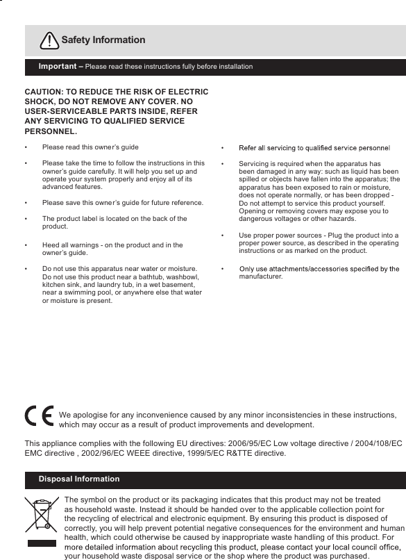 Portable  Bluetooth SpeakerReal Life TechnologyInstallation &amp; Operating Instructions - Please keep for future referenceBC-235DImportant - Please read these instructions fully before installing or operatingThese instructions contain important information which will help you get the best from  your speaker and ensurer safe and correct installation and operation. Important – Please read these instructions fully before installation Safety InformationCAUTION: TO REDUCE THE RISK OF ELECTRICSHOCK, DO NOT REMOVE ANY COVER. NOUSER-SERVICEABLE PARTS INSIDE, REFERANY SERVICING TO QUALIFIED SERVICEPERSONNEL.•Please read this owne r’s guide•Please take the time to follow the instructions in thisowner’s guide carefully. It will help you set up andoperate your system properly and enjoy all of itsadvanced features.•Please save this owne r’s guide for future reference.•The product label is located on the back of theproduct.•Heed all warnings - on the product and in theowner’s guide.•Do not use this apparatus near water or moisture.Do not use this product near a bathtub, washbowl,kitchen sink, and laundry tub, in a wet basement,near a swimming pool, or anywhere else that wateror moisture is present.•manufacturer.••Servicing is required when the apparatus hasbeen damaged in any way: such as liquid has beenspilled or objects have fallen into the apparatus; theapparatus has been exposed to rain or moisture,does not operate normally, or has been dropped -Do not attempt to service this product yourself.Opening or removing covers may expose you to dangerous voltages or other hazards.•Use proper power sources - Plug the product into aproper power source, as described in the operatinginstructions or as marked on the product.We apologise for any inconvenience caused by any minor inconsistencies in these instructions,which may occur as a result of product improvements and development.This appliance complies with the following EU directives: 2006/95/EC Low voltage directive / 2004/108/ECEMC directive , 2002/96/EC WEEE directive, 1999/5/EC R&amp;TTE directive..Disposal InformationThe symbol on the product or its packaging indicates that this product may not be treatedas household waste. Instead it should be handed over to the applicable collection point forthe recycling of electrical and electronic equipment. By ensuring this product is disposed of correctly, you will help prevent potential negative consequences for the environment and humanhealth, which could otherwise be caused by inappropriate waste handling of this product. Foryour household waste disposal ser vice or the shop where the product was purchased.