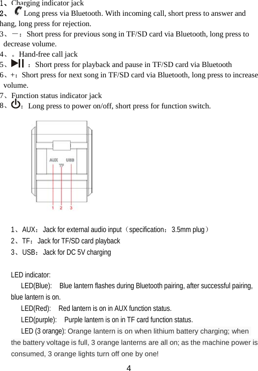  1、Charging indicator jack 2、Long press via Bluetooth. With incoming call, short press to answer and hang, long press for rejection. 3、－：Short press for previous song in TF/SD card via Bluetooth, long press to decrease volume.   4、。Hand-free call jack 5、 ：Short press for playback and pause in TF/SD card via Bluetooth 6、+：Short press for next song in TF/SD card via Bluetooth, long press to increase volume. 7、Function status indicator jack 8、：Long press to power on/off, short press for function switch.           1、AUX：Jack for external audio input（specification：3.5mm plug） 2、TF：Jack for TF/SD card playback 3、USB：Jack for DC 5V charging    LED indicator: LED(Blue):    Blue lantern flashes during Bluetooth pairing, after successful pairing, blue lantern is on. LED(Red):    Red lantern is on in AUX function status. LED(purple):   Purple lantern is on in TF card function status. LED (3 orange): Orange lantern is on when lithium battery charging; when the battery voltage is full, 3 orange lanterns are all on; as the machine power is consumed, 3 orange lights turn off one by one!  4 