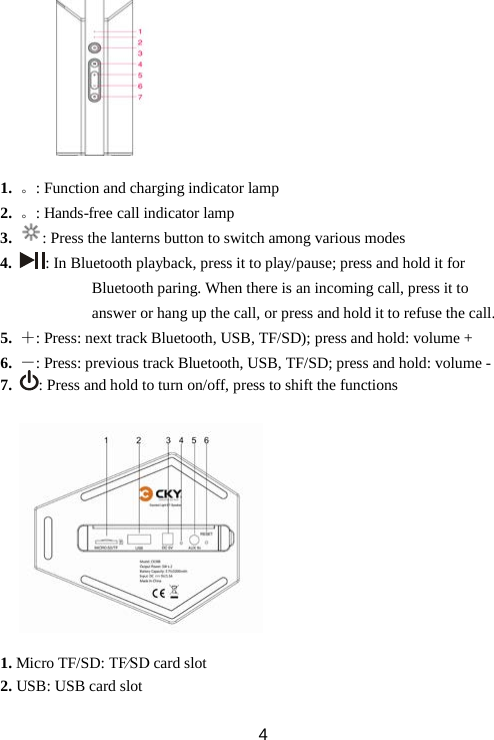           1.  。: Function and charging indicator lamp 2.  。: Hands-free call indicator lamp   3.  : Press the lanterns button to switch among various modes 4.  : In Bluetooth playback, press it to play/pause; press and hold it for Bluetooth paring. When there is an incoming call, press it to answer or hang up the call, or press and hold it to refuse the call. 5.  ＋: Press: next track Bluetooth, USB, TF/SD); press and hold: volume + 6.  －: Press: previous track Bluetooth, USB, TF/SD; press and hold: volume - 7.  : Press and hold to turn on/off, press to shift the functions               1. Micro TF/SD: TF∕SD card slot   2. USB: USB card slot  4 