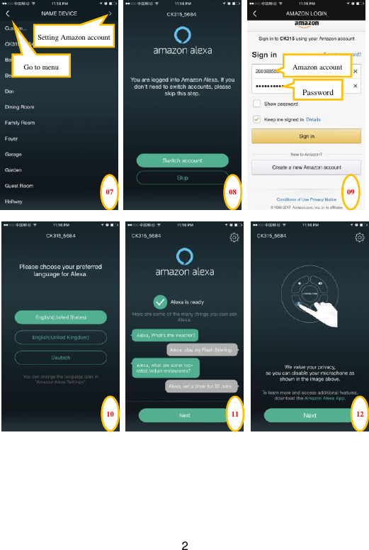  2                                     08 10 11 12 09 Amazon account Password   07 Setting Amazon account Go to menu 