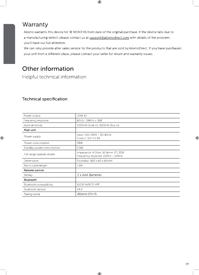 Page 10 of SKY DRAGON Audio video Technology SR210 BLUETOOTH SOUNDBAR User Manual 