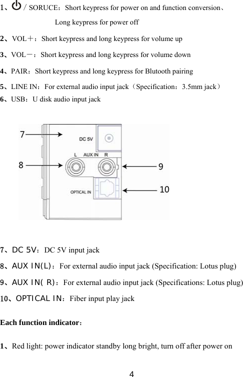  4 1、 ／SORUCE：Short keypress for power on and function conversion、 Long keypress for power off   2、VOL＋：Short keypress and long keypress for volume up   3、VOL－：Short keypress and long keypress for volume down   4、PAIR：Short keypress and long keypress for Blutooth pairing 5、LINE IN：For external audio input jack（Specification：3.5mm jack） 6、USB：U disk audio input jack            7、DC 5V：DC 5V input jack 8、AUX IN(L)：For external audio input jack (Specification: Lotus plug) 9、AUX IN( R)：For external audio input jack (Specifications: Lotus plug) 10、OPTICAL IN：Fiber input play jack  Each function indicator：  1、Red light: power indicator standby long bright, turn off after power on 