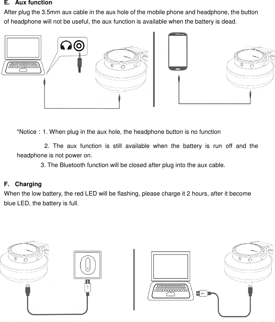 E.  Aux function After plug the 3.5mm aux cable in the aux hole of the mobile phone and headphone, the button of headphone will not be useful, the aux function is available when the battery is dead.     *Notice：1. When plug in the aux hole, the headphone button is no function2. The  aux  function  is  still  available  when  the  battery  is  run  off  and  theheadphone is not power on. 3. The Bluetooth function will be closed after plug into the aux cable.F.  Charging When the low battery, the red LED will be flashing, please charge it 2 hours, after it become blue LED, the battery is full. This device complies with part 15 of the FCC Rules. Operation is subject to the following two conditions:(1) This device may not cause harmful interference, and (2) this device must accept any interference received, including interference that may cause undesired operation.Changes or modifications not expressly approved by the party responsible for compliance could void the user&apos;s authority to operate the equipment.
