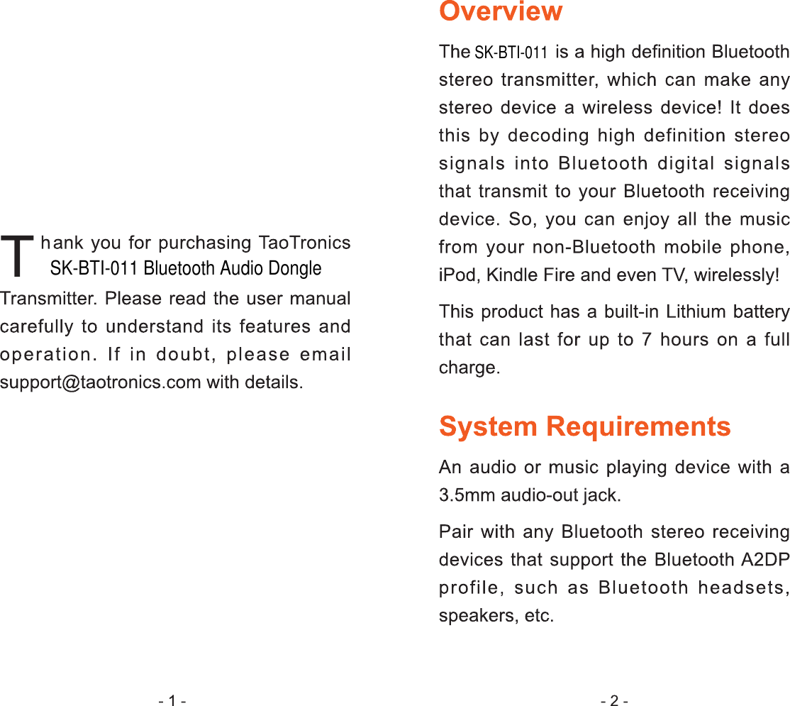 SK-BTI-011SK-BTI-011 Bluetooth Audio Dongle