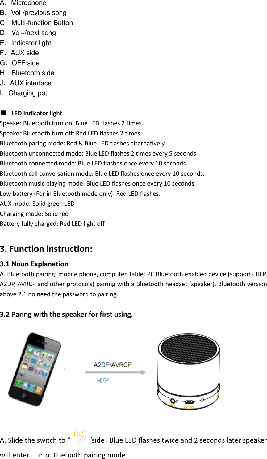   A．Microphone B．Vol-/previous song C．Multi-function Button D．Vol+/next song E．Indicator light F．AUX side G．OFF side H．Bluetooth side. J．AUX interface I．Charging pot  ■ LED indicator light Speaker Bluetooth turn on: Blue LED flashes 2 times. Speaker Bluetooth turn off: Red LED flashes 2 times. Bluetooth paring mode: Red &amp; Blue LED flashes alternatively. Bluetooth unconnected mode: Blue LED flashes 2 times every 5 seconds. Bluetooth connected mode: Blue LED flashes once every 10 seconds. Bluetooth call conversation mode: Blue LED flashes once every 10 seconds. Bluetooth music playing mode: Blue LED flashes once every 10 seconds. Low battery (For in Bluetooth mode only): Red LED flashes. AUX mode: Solid green LED   Charging mode: Solid red Battery fully charged: Red LED light off.     3. Function instruction: 3.1 Noun Explanation A. Bluetooth pairing: mobile phone, computer, tablet PC Bluetooth enabled device (supports HFP, A2DP, AVRCP and other protocols) pairing with a Bluetooth headset (speaker), Bluetooth version above 2.1 no need the password to pairing.  3.2 Paring with the speaker for first using.  A. Slide the switch to “ ”side，Blue LED flashes twice and 2 seconds later speaker will enter    into Bluetooth pairing mode. 