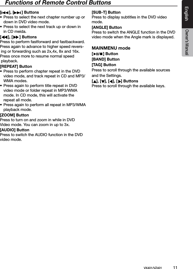 EnglishVX401/VZ401             11EnglishOwner&rsquo;s Manual/ BANDFunctions of Remote Control Buttons[       ], [       ] Buttons&bull; Press to select the next chapter number up or    down in DVD video mode.&bull; Press to select the next track up or down in    in CD meida.[      ], [      ] ButtonsPress to perform fastforward and fastbackward.Press again to advance to higher speed revers-ing or forwarding such as 2x,4x, 8x and 16x.Press once more to resume normal speed playback.[REPEAT] Button&bull; Press to perform chapter repeat in the DVD    video mode, and track repeat in CD and MP3/    WMA modes.&bull; Press again to perform title repeat in DVD    video mode or folder repeat in MP3/WMA    mode. In CD mode, this will activate the    repeat all mode.&bull; Press again to perform all repeat in MP3/WMA    playback mode.[ZOOM] ButtonPress to turn on and zoom in while in DVDVideo mode. You can zoom in up to 3x.[AUDIO] ButtonPress to switch the AUDIO function in the DVD video mode.[SUB-T] ButtonPress to display subtitles in the DVD video mode.[ANGLE] ButtonPress to switch the ANGLE function in the DVD video mode when the Angle mark is displayed.MAINMENU mode[         ] Button[BAND] Button[TAG] ButtonPress to scroll through the available sources and the Settings.[   ], [   ], [   ], [   ] ButtonsPress to scroll through the available keys.