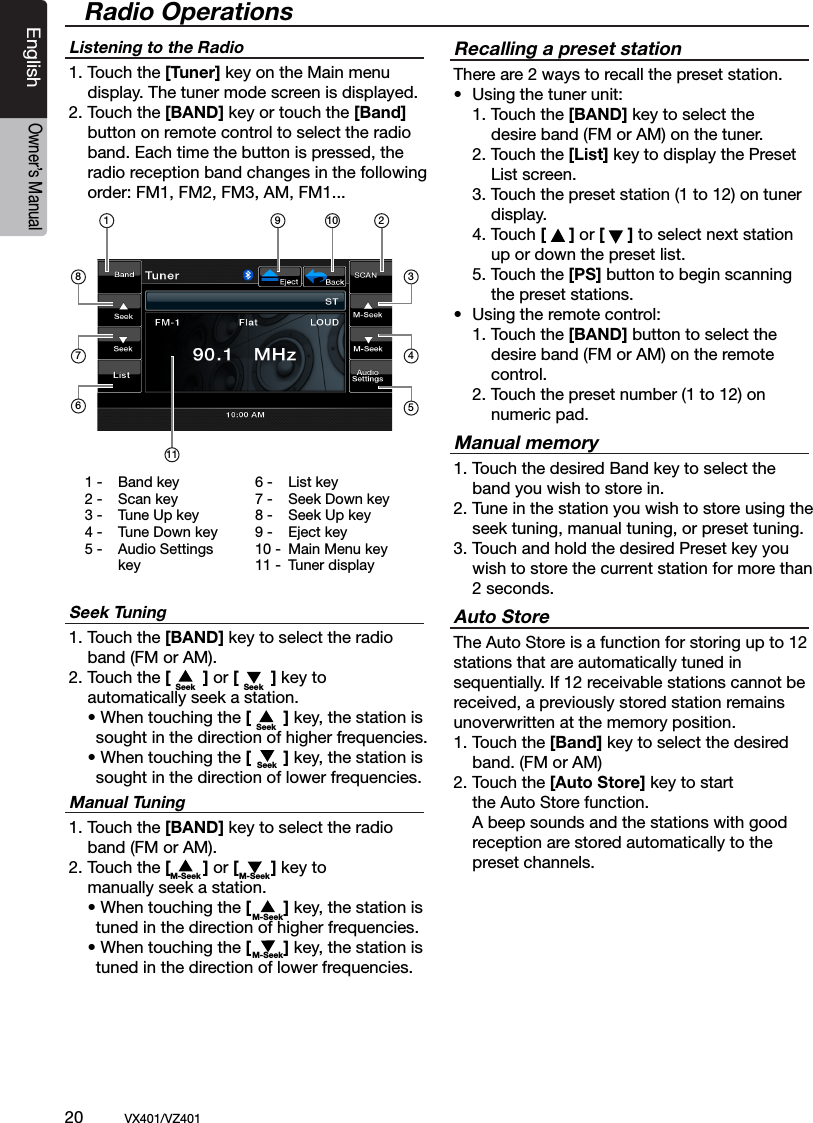 20          VX401/VZ401EnglishOwner&rsquo;s ManualListening to the Radio1. Touch the [Tuner] key on the Main menu    display. The tuner mode screen is displayed.2. Touch the [BAND] key or touch the [Band]   button on remote control to select the radio    band. Each time the button is pressed, the    radio reception band changes in the following    order: FM1, FM2, FM3, AM, FM1...Seek Tuning1. Touch the [BAND] key to select the radio    band (FM or AM). 2. Touch the [       ] or [       ] key to      automatically seek a station.  &bull; When touching the [       ] key, the station is    sought in the direction of higher frequencies.  &bull; When touching the [       ] key, the station is    sought in the direction of lower frequencies.Manual Tuning1. Touch the [BAND] key to select the radio    band (FM or AM). 2. Touch the [       ] or [       ] key to      manually seek a station.  &bull; When touching the [       ] key, the station is    tuned in the direction of higher frequencies.  &bull; When touching the [       ] key, the station is    tuned in the direction of lower frequencies.Recalling a preset stationThere are 2 ways to recall the preset station.&bull;  Using the tuner unit:  1. Touch the [BAND] key to select the      desire band (FM or AM) on the tuner.  2. Touch the [List] key to display the Preset    List screen.  3. Touch the preset station (1 to 12) on tuner     display.  4. Touch [     ] or [     ] to select next station      up or down the preset list.  5.  Touch the [PS] button to begin scanning      the preset stations.&bull;  Using the remote control:  1. Touch the [BAND] button to select the      desire band (FM or AM) on the remote     control.  2. Touch the preset number (1 to 12) on     numeric pad.Manual memory1. Touch the desired Band key to select the   band you wish to store in.2. Tune in the station you wish to store using the   seek tuning, manual tuning, or preset tuning.3. Touch and hold the desired Preset key you   wish to store the current station for more than   2 seconds.Auto StoreThe Auto Store is a function for storing up to 12 stations that are automatically tuned in sequentially. If 12 receivable stations cannot be received, a previously stored station remains unoverwritten at the memory position.1. Touch the [Band] key to select the desired   band. (FM or AM)2. Touch the [Auto Store] key to start   the Auto Store function.  A beep sounds and the stations with good   reception are stored automatically to the   preset channels.Radio OperationsSeek SeekSeekSeekM-SeekM-SeekM-Seek M-Seek11 -  Band key2 -  Scan key3 -  Tune Up key4 -  Tune Down key5 -  Audio Settings      key6 -  List key7 -  Seek Down key8 -  Seek Up key9 -  Eject key 10 -  Main Menu key 11 -  Tuner display29 1034587611