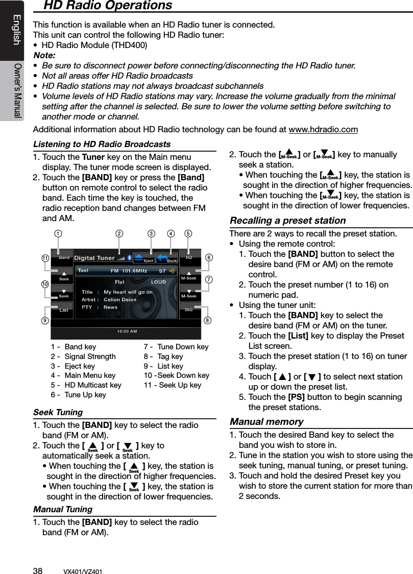 38          VX401/VZ401EnglishOwner&rsquo;s ManualListening to HD Radio Broadcasts1. Touch the Tuner key on the Main menu    display. The tuner mode screen is displayed.2. Touch the [BAND] key or press the [Band]   button on remote control to select the radio    band. Each time the key is touched, the    radio reception band changes between FM    and AM.Seek Tuning1. Touch the [BAND] key to select the radio    band (FM or AM). 2. Touch the [       ] or [       ] key to      automatically seek a station.  &bull; When touching the [       ] key, the station is    sought in the direction of higher frequencies.  &bull; When touching the [       ] key, the station is    sought in the direction of lower frequencies.Manual Tuning1. Touch the [BAND] key to select the radio    band (FM or AM). 2. Touch the [       ] or [       ] key to manually   seek a station.  &bull; When touching the [       ] key, the station is    sought in the direction of higher frequencies.  &bull; When touching the [       ] key, the station is    sought in the direction of lower frequencies.Recalling a preset stationThere are 2 ways to recall the preset station.&bull;  Using the remote control:  1. Touch the [BAND] button to select the      desire band (FM or AM) on the remote     control.  2. Touch the preset number (1 to 16) on     numeric pad.&bull;  Using the tuner unit:  1. Touch the [BAND] key to select the      desire band (FM or AM) on the tuner.  2. Touch the [List] key to display the Preset    List screen.  3. Touch the preset station (1 to 16) on tuner     display.  4. Touch [     ] or [     ] to select next station      up or down the preset list.  5.  Touch the [PS] button to begin scanning      the preset stations.Manual memory1. Touch the desired Band key to select the   band you wish to store in.2. Tune in the station you wish to store using the   seek tuning, manual tuning, or preset tuning.3. Touch and hold the desired Preset key you   wish to store the current station for more than   2 seconds.HD Radio OperationsThis function is available when an HD Radio tuner is connected.This unit can control the following HD Radio tuner:&bull;  HD Radio Module (THD400)Note:&bull; Be sure to disconnect power before connecting/disconnecting the HD Radio tuner.&bull; Not all areas offer HD Radio broadcasts&bull; HD Radio stations may not always broadcast subchannels&bull; Volume levels of HD Radio stations may vary. Increase the volume gradually from the minimal    setting after the channel is selected. Be sure to lower the volume setting before switching to    another mode or channel.Additional information about HD Radio technology can be found at www.hdradio.com 1 -  Band key  2 -  Signal Strength    3 -  Eject key  4 -  Main Menu key  5 -  HD Multicast key   6 -  Tune Up key  7 -  Tune Down key  8 -  Tag key  9 -  List key  10 - Seek Down key   11 - Seek Up key 1 2 3 4 511109678Seek SeekSeekSeekM-SeekM-SeekM-Seek M-Seek