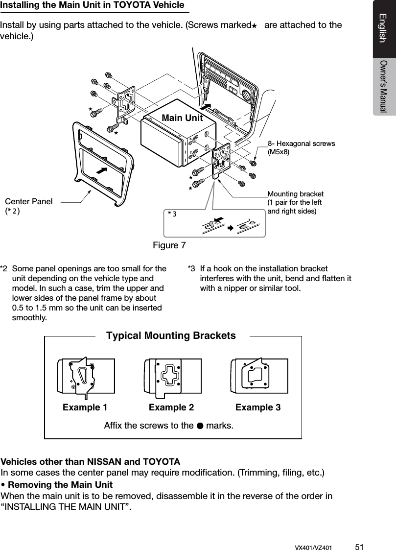 EnglishVX401/VZ401             51EnglishOwner&rsquo;s ManualInstalling the Main Unit in TOYOTA VehicleInstall by using parts attached to the vehicle. (Screws marked     are attached to the vehicle.)*2  Some panel openings are too small for the    unit depending on the vehicle type and    model. In such a case, trim the upper and    lower sides of the panel frame by about    0.5 to 1.5 mm so the unit can be inserted    smoothly.*3  If a hook on the installation bracket      interferes with the unit, bend and ﬂatten it    with a nipper or similar tool.* 3 Figure 7 Main Unit8-Hexagonal screw (M5  8)Mounting bracket (1 pair for the left and right sides)Center Panel (* 2)8- Hexagonal screws(M5x8)Figure 7Mounting bracket(1 pair for the leftand right sides)Vehicles other than NISSAN and TOYOTAIn some cases the center panel may require modiﬁcation. (Trimming, ﬁling, etc.)&bull; Removing the Main UnitWhen the main unit is to be removed, disassemble it in the reverse of the order in &ldquo;INSTALLING THE MAIN UNIT&rdquo;.3elpmaxE1elpmaxE Example 2Affix the screws to the   marks.Typical Mounting Brackets 