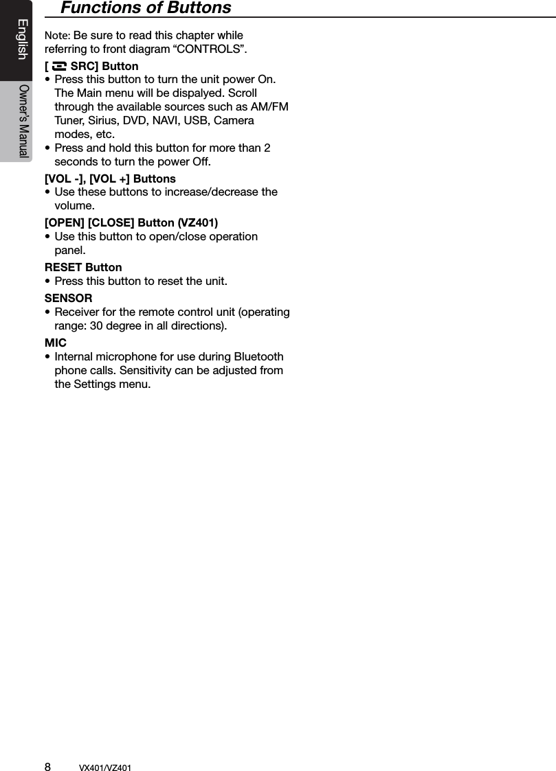8          VX401/VZ401EnglishOwner&rsquo;s ManualNote: Be sure to read this chapter while referring to front diagram &ldquo;CONTROLS&rdquo;.[       SRC] Button&bull; Press this button to turn the unit power On.  The Main menu will be dispalyed. Scroll    through the available sources such as AM/FM    Tuner, Sirius, DVD, NAVI, USB, Camera    modes, etc. &bull; Press and hold this button for more than 2    seconds to turn the power Off.[VOL -], [VOL +] Buttons&bull; Use these buttons to increase/decrease the   volume.[OPEN] [CLOSE] Button (VZ401)&bull; Use this button to open/close operation   panel.RESET Button&bull; Press this button to reset the unit.SENSOR &bull; Receiver for the remote control unit (operating    range: 30 degree in all directions).MIC &bull; Internal microphone for use during Bluetooth    phone calls. Sensitivity can be adjusted from    the Settings menu.Functions of Buttons
