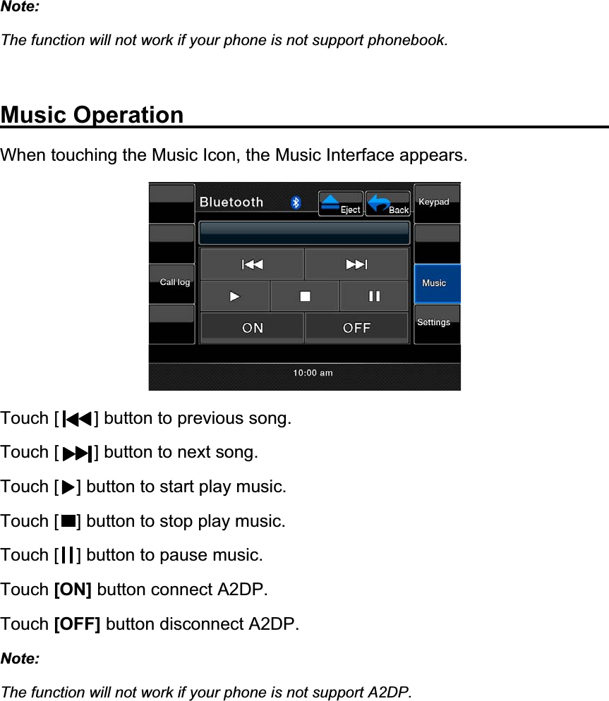 Note:The function will not work if your phone is not support phonebook. Music Operation                When touching the Music Icon, the Music Interface appears. Touch [    ] button to previous song. Touch [    ] button to next song. Touch [    ] button to start play music. Touch [    ] button to stop play music. Touch [    ] button to pause music. Touch [ON] button connect A2DP. Touch [OFF] button disconnect A2DP. Note:The function will not work if your phone is not support A2DP. 