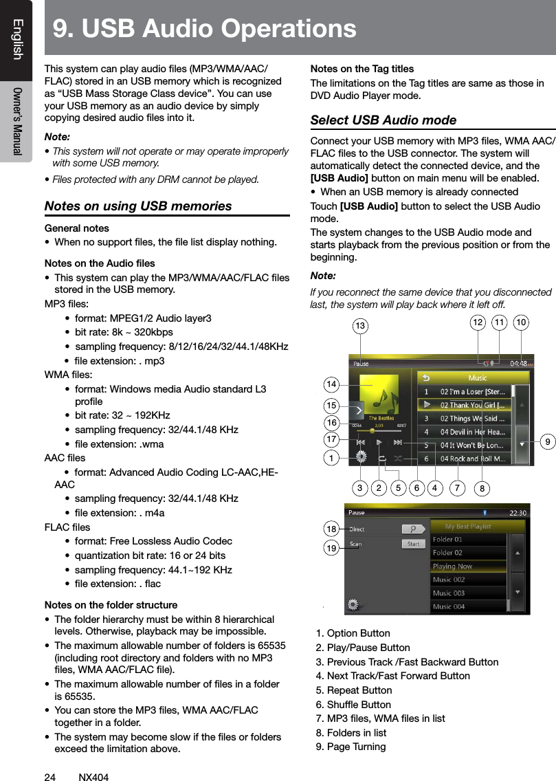 24 NX404EnglishEnglish Owner&rsquo;s ManualEnglish Owner&rsquo;s ManualThis system can play audio les (MP3/WMA/AAC/FLAC) stored in an USB memory which is recognized as &ldquo;USB Mass Storage Class device&rdquo;. You can use your USB memory as an audio device by simply copying desired audio les into it.Note: &bull; This system will not operate or may operate improperly with some USB memory.&bull; Files protected with any DRM cannot be played.Notes on using USB memoriesGeneral notes&bull;  When no support les, the le list display nothing.Notes on the Audio les&bull;  This system can play the MP3/WMA/AAC/FLAC les stored in the USB memory.MP3 les:&bull;  format: MPEG1/2 Audio layer3&bull;  bit rate: 8k ~ 320kbps&bull;  sampling frequency: 8/12/16/24/32/44.1/48KHz       &bull;  le extension: . mp3WMA les:&bull;  format: Windows media Audio standard L3 prole&bull;  bit rate: 32 ~ 192KHz&bull;  sampling frequency: 32/44.1/48 KHz&bull;  le extension: .wmaAAC les       &bull;  format: Advanced Audio Coding LC-AAC,HE-AAC      &bull;  sampling frequency: 32/44.1/48 KHz&bull;  le extension: . m4aFLAC les&bull;  format: Free Lossless Audio Codec &bull;  quantization bit rate: 16 or 24 bits&bull;  sampling frequency: 44.1~192 KHz&bull;  le extension: . acNotes on the folder structure&bull;  The folder hierarchy must be within 8 hierarchical levels. Otherwise, playback may be impossible.&bull;  The maximum allowable number of folders is 65535 (including root directory and folders with no MP3 les, WMA AAC/FLAC le).&bull;  The maximum allowable number of les in a folder is 65535.&bull;  You can store the MP3 les, WMA AAC/FLAC together in a folder.&bull;  The system may become slow if the les or folders exceed the limitation above.Notes on the Tag titlesThe limitations on the Tag titles are same as those in DVD Audio Player mode.Select USB Audio modeConnect your USB memory with MP3 les, WMA AAC/FLAC les to the USB connector. The system will automatically detect the connected device, and the [USB Audio] button on main menu will be enabled. &bull;  When an USB memory is already connectedTouch [USB Audio] button to select the USB Audio mode.The system changes to the USB Audio mode and starts playback from the previous position or from the beginning.Note:If you reconnect the same device that you disconnected last, the system will play back where it left off.  1. Option Button  2. Play/Pause Button  3. Previous Track /Fast Backward Button  4. Next Track/Fast Forward Button  5. Repeat Button  6. Shufe Button  7. MP3 les, WMA les in list  8. Folders in list  9. Page Turning 9. USB Audio Operations 18191415648231591011121316177