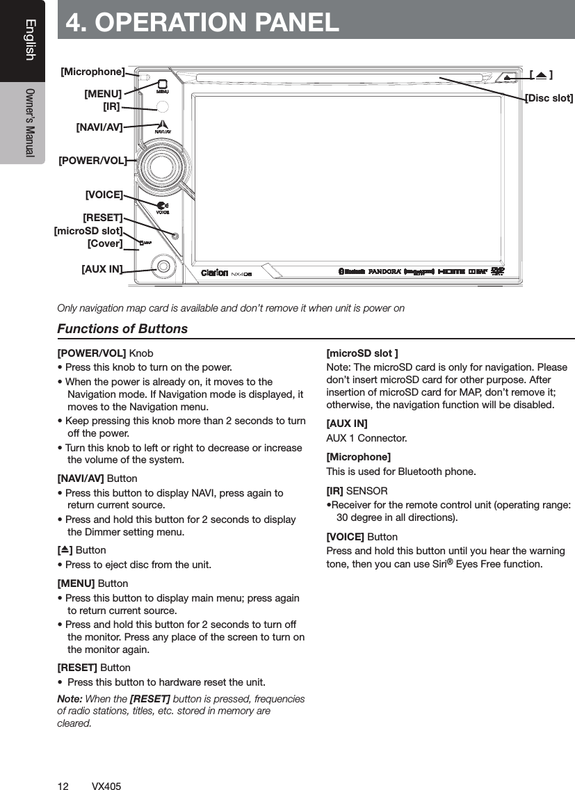 12 VX405English Owner&rsquo;s Manual[Microphone][MENU][NAVI/AV][IR][Cover][AUX IN][RESET][microSD slot][POWER/VOL][Disc slot][   ]4. OPERATION PANELFunctions of Buttons[POWER/VOL] Knob฀฀฀฀฀฀฀฀฀฀฀฀฀฀฀฀฀฀฀฀฀฀฀฀฀฀฀฀฀฀฀฀฀฀฀฀฀฀฀฀฀฀฀฀฀฀฀฀฀฀฀฀฀฀฀฀฀฀฀฀฀[NAVI/AV] Button฀฀฀฀฀฀฀฀฀฀฀฀฀฀฀฀฀฀฀฀฀฀฀฀฀฀[] Button฀฀฀฀฀฀฀[MENU] Button฀฀฀฀฀฀฀฀฀฀฀฀฀฀฀฀฀฀฀฀฀฀฀฀฀฀฀฀฀฀฀฀฀฀฀฀฀฀฀[RESET] Button฀ ฀฀฀฀฀฀฀Note: When the [RESET] button is pressed, frequencies of radio stations, titles, etc. stored in memory are cleared.[microSD slot ]฀฀฀฀฀฀฀฀฀฀฀฀฀฀฀฀฀฀฀฀฀฀฀฀฀฀฀฀฀฀฀฀[AUX IN] ฀฀[Microphone] ฀฀฀฀฀[IR]฀฀฀฀฀฀฀฀฀฀฀฀฀[VOICE] ButtonPress and hold this button until you hear the warning tone, then you can use Siri&reg; Eyes Free function.Only navigation map card is available and don&rsquo;t remove it when unit is power on[VOICE]