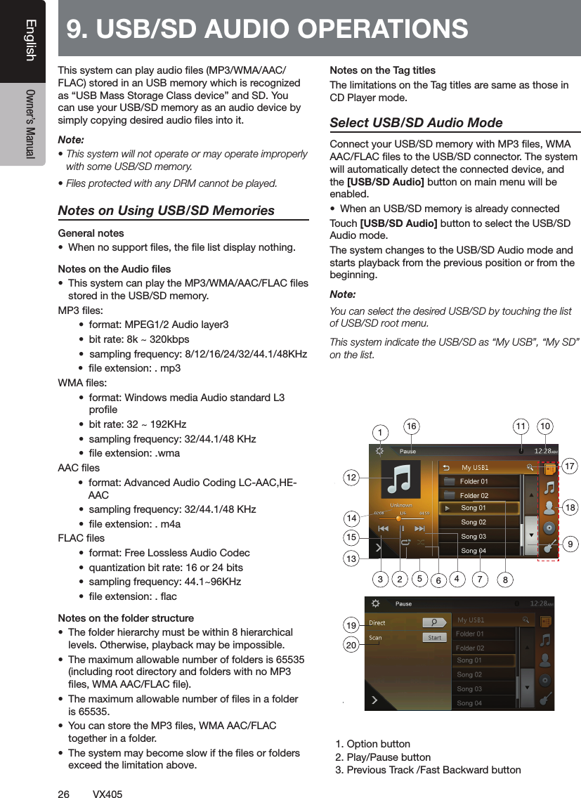 26 VX405English Owner&rsquo;s Manual฀฀฀฀฀฀฀฀฀฀฀฀฀฀฀฀฀฀฀฀฀฀฀฀฀฀฀฀฀฀฀฀฀฀฀฀฀฀฀฀Note: ฀฀฀฀฀฀฀฀฀฀฀฀฀฀฀฀฀฀฀฀฀Notes on Using USB/SD MemoriesGeneral notes฀ ฀฀฀฀฀฀฀฀฀฀฀฀฀฀฀฀฀฀฀฀฀฀฀฀฀฀฀ ฀฀฀฀ ฀฀฀฀฀฀฀฀฀฀฀฀฀฀฀฀฀฀฀฀฀฀ ฀฀฀฀฀฀฀ ฀฀฀฀฀ ฀฀฀฀ ฀฀฀฀฀฀฀฀฀฀฀฀฀฀฀฀฀฀฀฀฀฀฀฀฀฀฀฀฀฀฀฀ ฀฀฀฀ ฀฀฀฀฀ ฀฀฀฀฀฀ ฀฀฀฀฀฀฀ ฀฀฀ ฀฀฀฀฀฀฀฀ ฀฀฀฀฀฀฀฀฀฀฀฀฀฀ ฀฀฀฀฀฀฀฀฀฀฀฀฀฀฀฀฀฀฀฀ ฀฀฀฀฀฀฀฀฀฀฀ ฀฀฀฀฀฀฀฀฀฀฀฀ ฀฀฀฀฀฀฀฀฀฀฀฀฀Notes on the Tag titles฀฀฀฀฀฀฀฀฀฀฀฀฀Select USB/SD Audio Mode฀฀฀฀฀฀฀฀฀฀฀฀฀฀฀฀฀฀฀฀฀฀฀the [USB/SD Audio]฀฀฀฀฀฀฀enabled. ฀ ฀฀฀฀฀฀฀[USB/SD Audio]฀฀฀฀฀฀฀฀฀฀฀฀฀฀฀฀฀฀฀฀฀฀฀฀฀Note:฀฀฀฀฀฀฀฀฀฀฀฀฀฀฀฀฀฀฀฀฀฀฀on the list.  ฀฀฀฀฀฀฀฀฀฀฀฀฀฀฀9. USB/SD AUDIO OPERATIONS 1920712135648239101111415161718