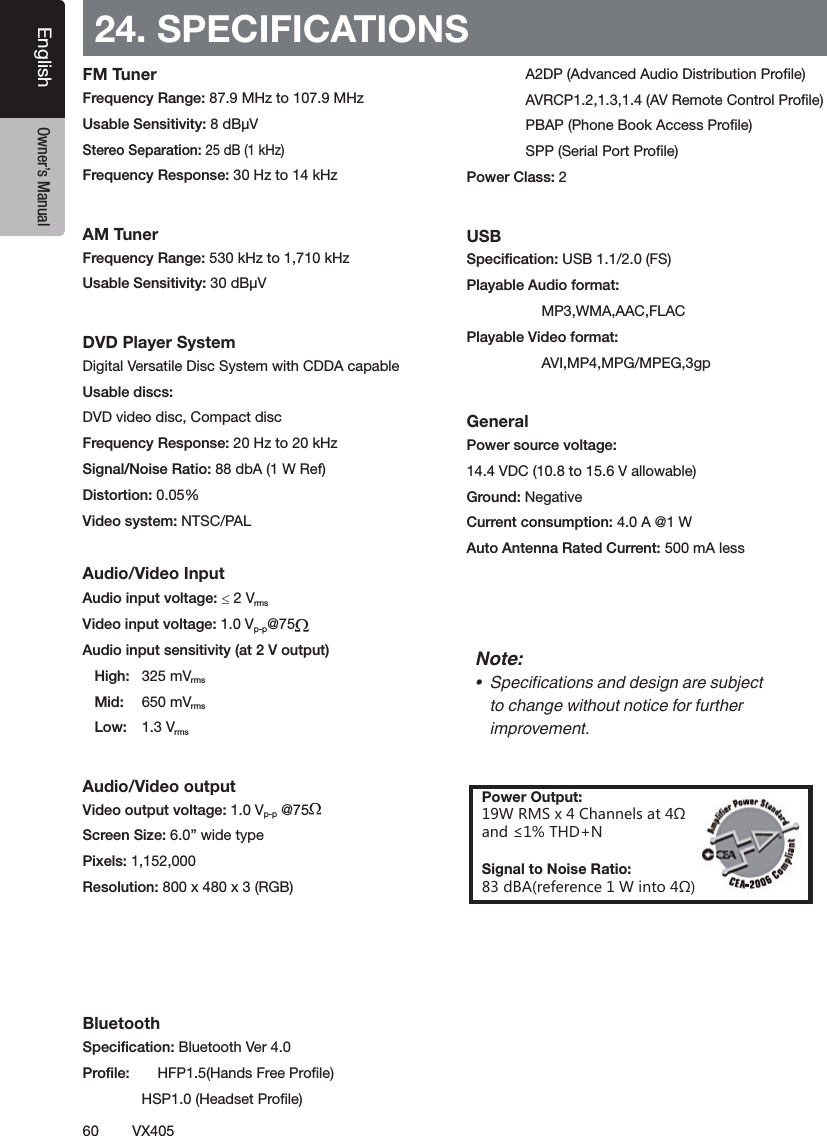 60VX405English Owner&rsquo;s Manual24. SPECIFICATIONSFM Tuner฀ ฀฀฀฀฀฀฀฀฀ ฀฀฀฀฀฀฀฀฀AM Tuner฀฀฀฀฀฀฀฀฀฀DVD Player System฀฀฀฀฀฀฀฀฀฀฀฀฀฀฀฀฀฀฀฀฀88 ฀฀฀฀0.05%฀฀Audio/Video Input฀฀ d฀฀฀฀฀฀฀฀฀฀฀฀฀ ฀฀ ฀฀ ฀Audio/Video output฀฀฀฀฀฀฀฀฀฀฀฀฀฀฀฀Bluetooth฀฀฀฀ ฀฀฀฀ ฀฀฀฀฀ ฀฀฀฀฀ ฀฀฀฀฀ ฀฀฀฀฀ ฀฀฀฀ 2USB฀฀฀฀฀฀฀ ฀฀฀฀ General฀฀฀฀฀฀฀฀฀฀฀฀฀฀฀฀฀฀฀฀฀฀฀Note:ƹ &Egrave;&frac12;&raquo;&Aacute;Ų&raquo;&sup1;&Igrave;&Aacute;&Ccedil;&AElig;&Euml;&sup1;&AElig;&frac14;&frac14;&frac12;&Euml;&Aacute;&iquest;&AElig;&sup1;&Ecirc;&frac12;&Euml;&Iacute;&ordm;&Acirc;&frac12;&raquo;&Igrave;to change without notice for further improvement.Power Output:=839^)NGTTKRYGZ&oelig;GTJʇ:.*4Signal to Noise Ratio:J('XKLKXKTIK=OTZU&oelig;