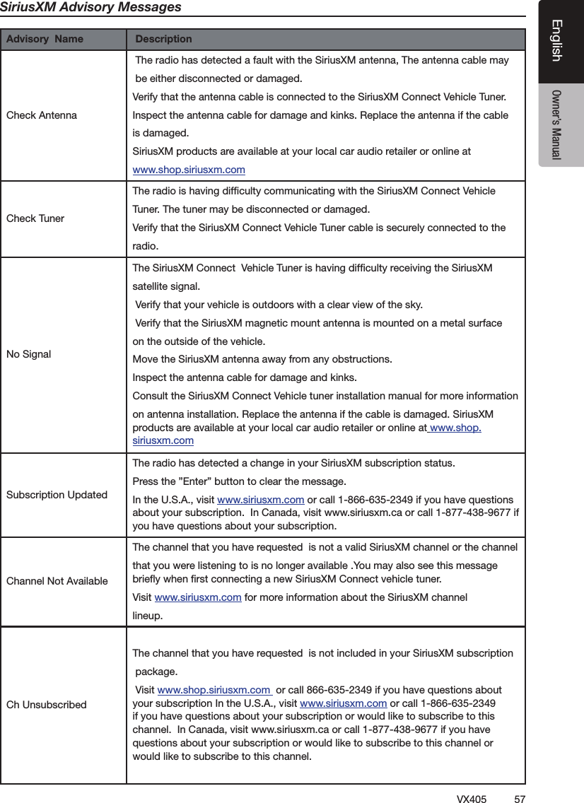 57VX405EnglishEnglish Owner&rsquo;s ManualSiriusXM Advisory MessagesAdvisory  Name  Description฀฀฀฀฀฀฀฀฀฀฀฀฀฀฀฀฀฀฀฀฀฀฀฀฀฀฀฀฀฀฀฀฀฀฀฀฀฀฀฀฀฀฀฀฀฀฀฀฀฀฀฀฀฀฀฀฀฀฀฀฀฀฀฀฀฀฀฀฀฀฀฀฀฀฀฀฀฀฀฀฀฀฀฀฀฀฀฀฀฀฀฀฀฀฀฀฀฀฀฀฀฀฀฀฀฀฀฀฀฀฀฀฀฀฀฀฀฀฀฀฀฀฀฀฀฀฀฀฀฀฀฀฀฀฀฀฀฀฀฀฀฀฀฀฀฀฀฀฀฀฀฀฀฀฀฀฀฀฀฀฀฀฀฀฀฀฀฀฀฀฀฀฀฀฀฀฀฀฀฀฀฀ ฀฀฀฀฀฀฀฀฀฀฀฀฀฀฀฀฀฀฀฀฀฀฀฀฀฀฀฀฀฀฀฀฀฀฀฀฀฀฀฀฀฀฀฀฀฀฀฀฀฀฀฀฀฀฀฀฀฀฀฀฀฀฀฀฀฀฀฀฀฀฀฀฀฀฀฀฀฀฀฀฀฀฀฀฀฀฀฀฀฀฀฀฀฀฀฀฀฀฀฀฀฀฀฀฀฀฀฀฀฀฀฀฀฀฀฀฀฀฀฀฀฀฀฀฀฀฀฀฀฀฀฀฀฀฀฀฀฀฀฀฀฀฀฀฀฀฀฀฀฀฀฀฀฀฀฀฀฀฀฀฀฀฀฀฀฀฀฀฀฀฀฀฀฀฀฀฀฀฀฀฀฀฀฀฀