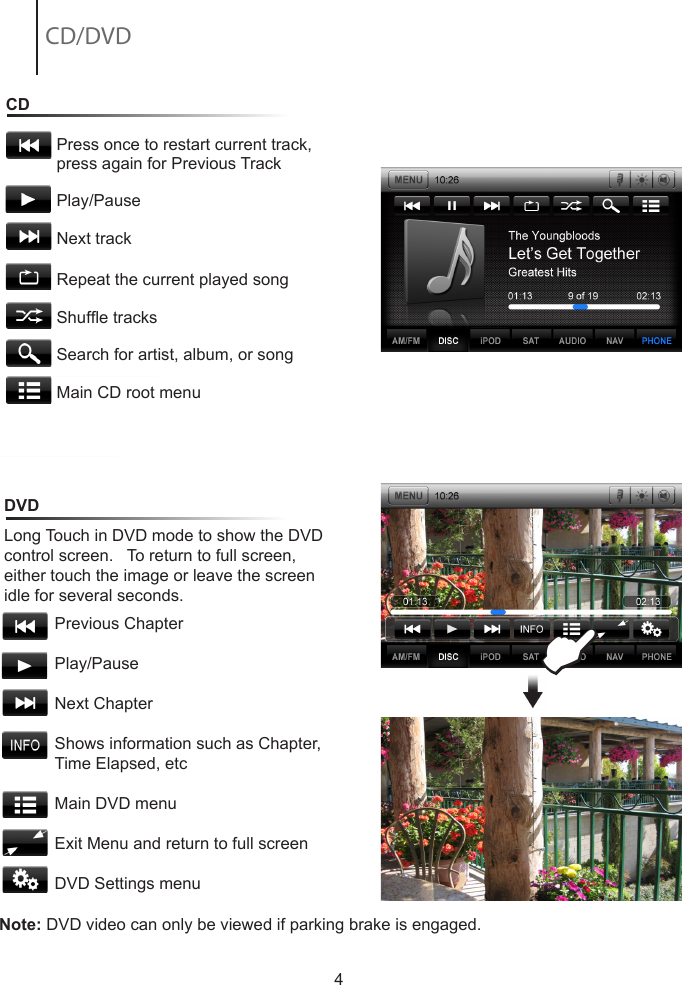 4DVD Previous ChapterPlay/PauseNext ChapterShows information such as Chapter, Time Elapsed, etcMain DVD menuExit Menu and return to full screen DVD Settings menuLong Touch in DVD mode to show the DVD control screen.   To return to full screen, either touch the image or leave the screen idle for several seconds.ECD                Press once to restart current track,                press again for Previous Track           Play/Pause           Next track          Repeat the current played song           Shufe tracks           Search for artist, album, or song           Main CD root menuCD/DVDNote: DVD video can only be viewed if parking brake is engaged.