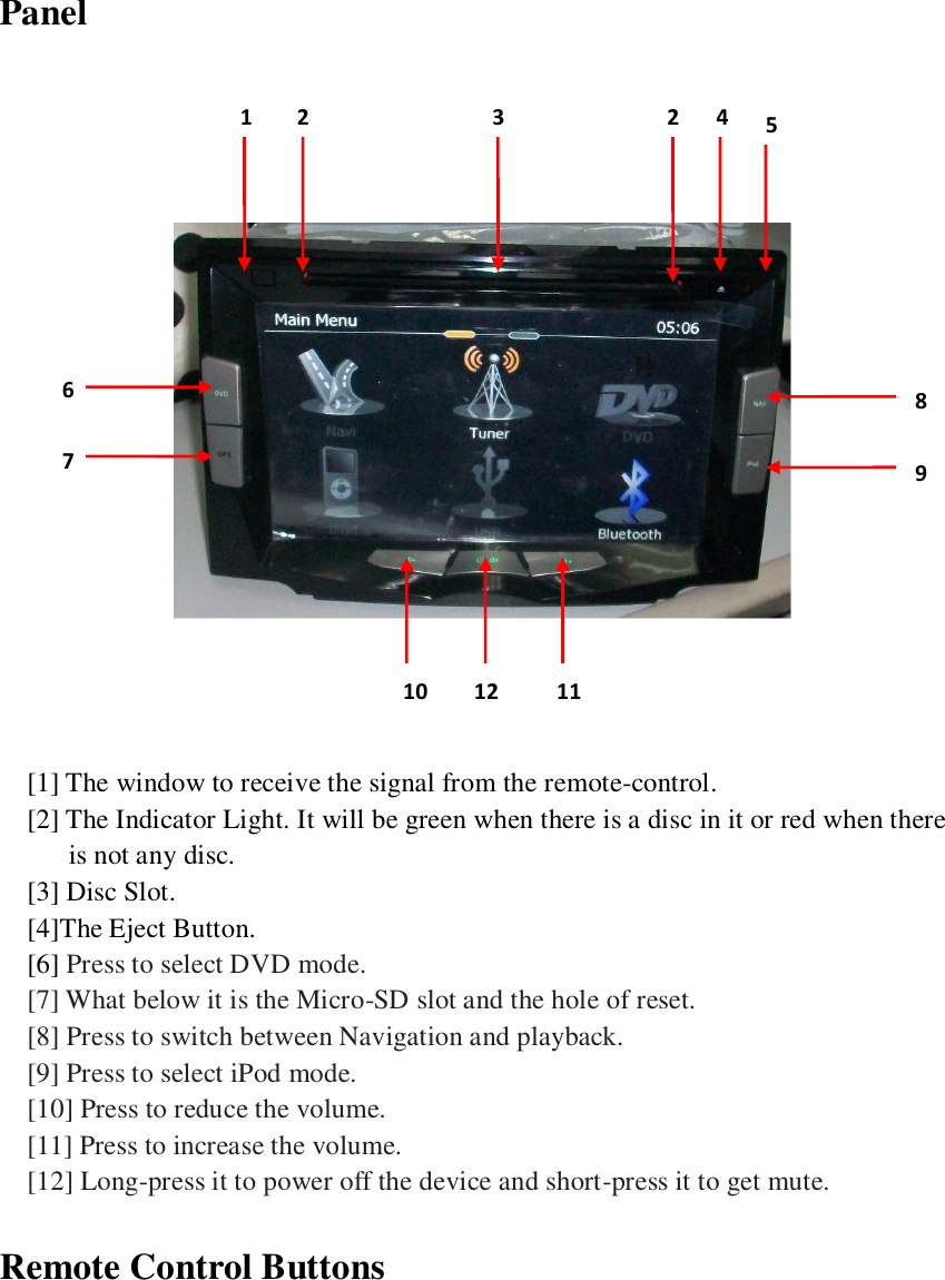   Panel          [1] The window to receive the signal from the remote-control. [2] The Indicator Light. It will be green when there is a disc in it or red when there is not any disc. [3] Disc Slot. [4]The Eject Button. [6] Press to select DVD mode. [7] What below it is the Micro-SD slot and the hole of reset. [8] Press to switch between Navigation and playback. [9] Press to select iPod mode. [10] Press to reduce the volume. [11] Press to increase the volume. [12] Long-press it to power off the device and short-press it to get mute. Remote Control Buttons  1 2 2 3 4 5 6 7 8 9 10 11 12 