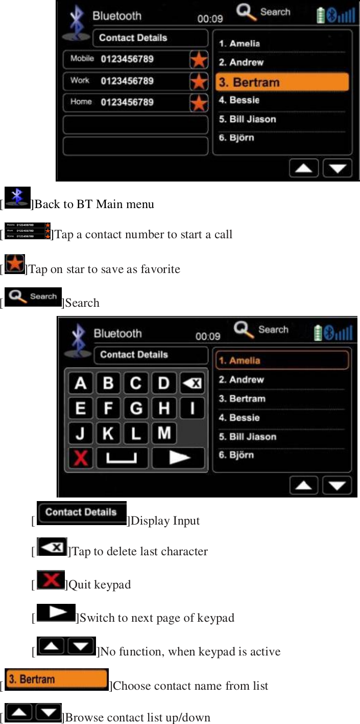    [ ]Back to BT Main menu [ ]Tap a contact number to start a call [ ]Tap on star to save as favorite [ ]Search                [ ]Display Input               [ ]Tap to delete last character               [ ]Quit keypad [ ]Switch to next page of keypad [ ]No function, when keypad is active [ ]Choose contact name from list [ ]Browse contact list up/down 