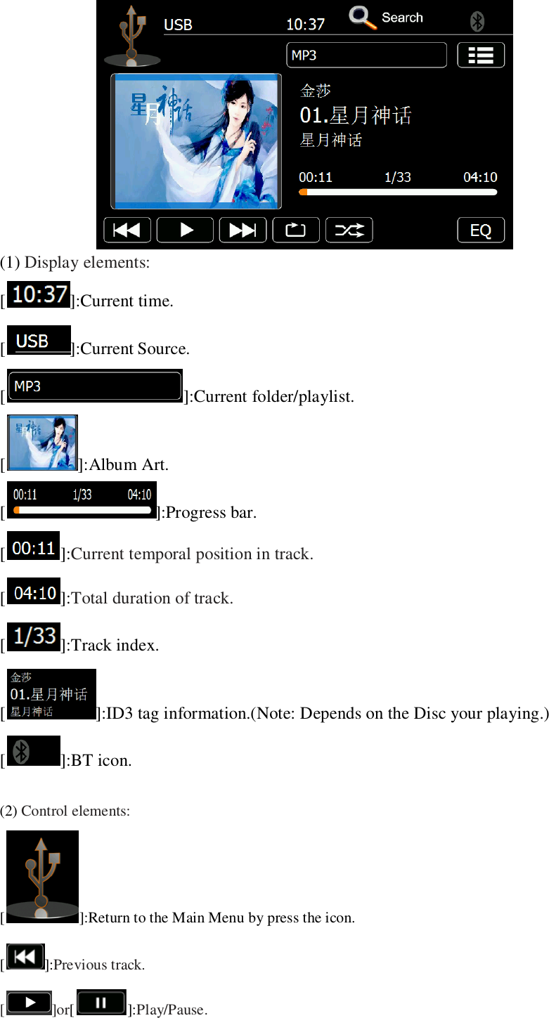    (1) Display elements: [ ]:Current time. [ ]:Current Source. [ ]:Current folder/playlist. [ ]:Album Art. [ ]:Progress bar. []:Current temporal position in track. []:Total duration of track. [ ]:Track index. [ ]:ID3 tag information.(Note: Depends on the Disc your playing.) [ ]:BT icon.  (2) Control elements: [ ]:Return to the Main Menu by press the icon. []:Previous track. [ ]or[]:Play/Pause. 